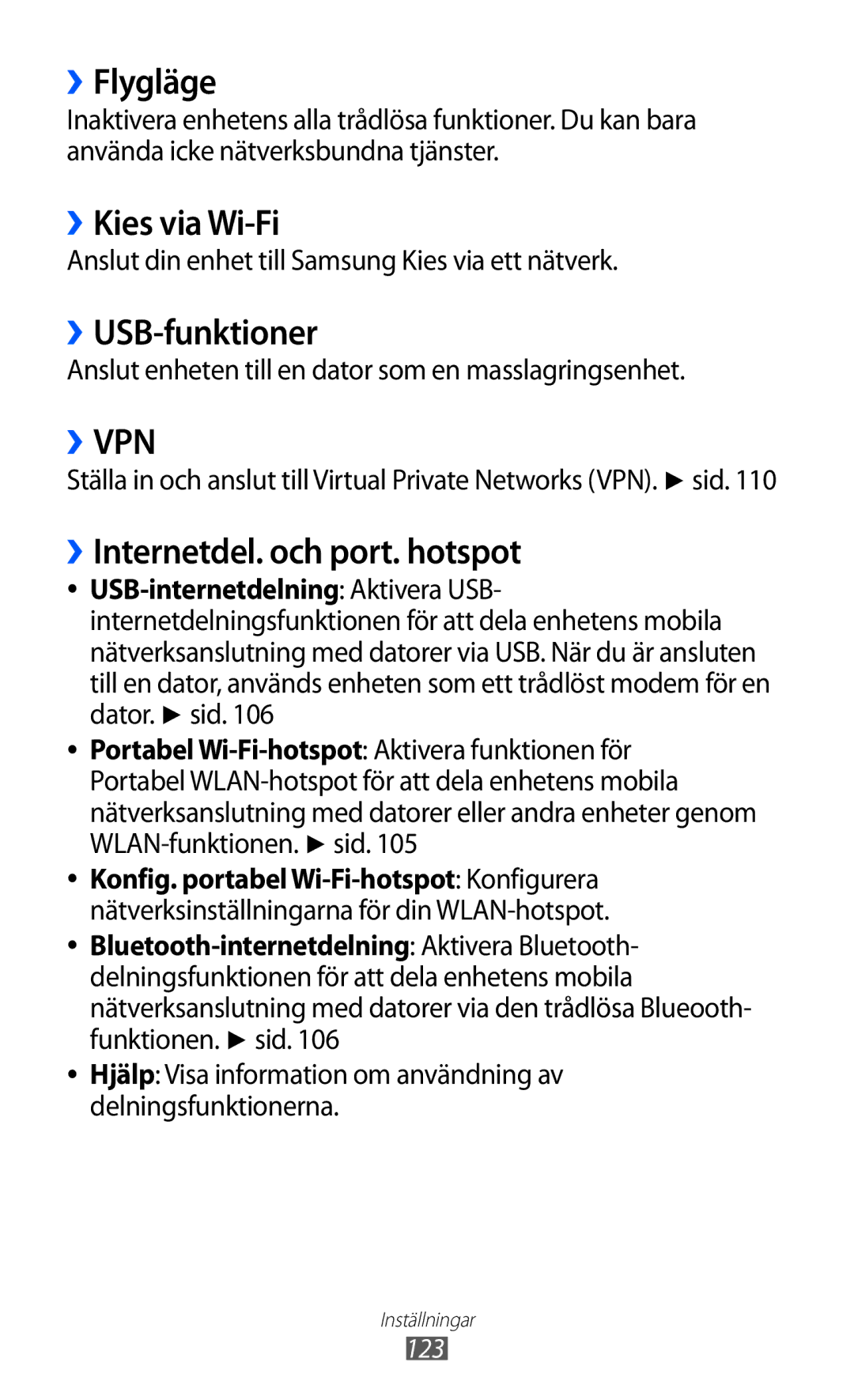 Samsung GT-I9103MAANEE manual ››Flygläge, ››Kies via Wi-Fi, ››USB-funktioner, ››Internetdel. och port. hotspot 