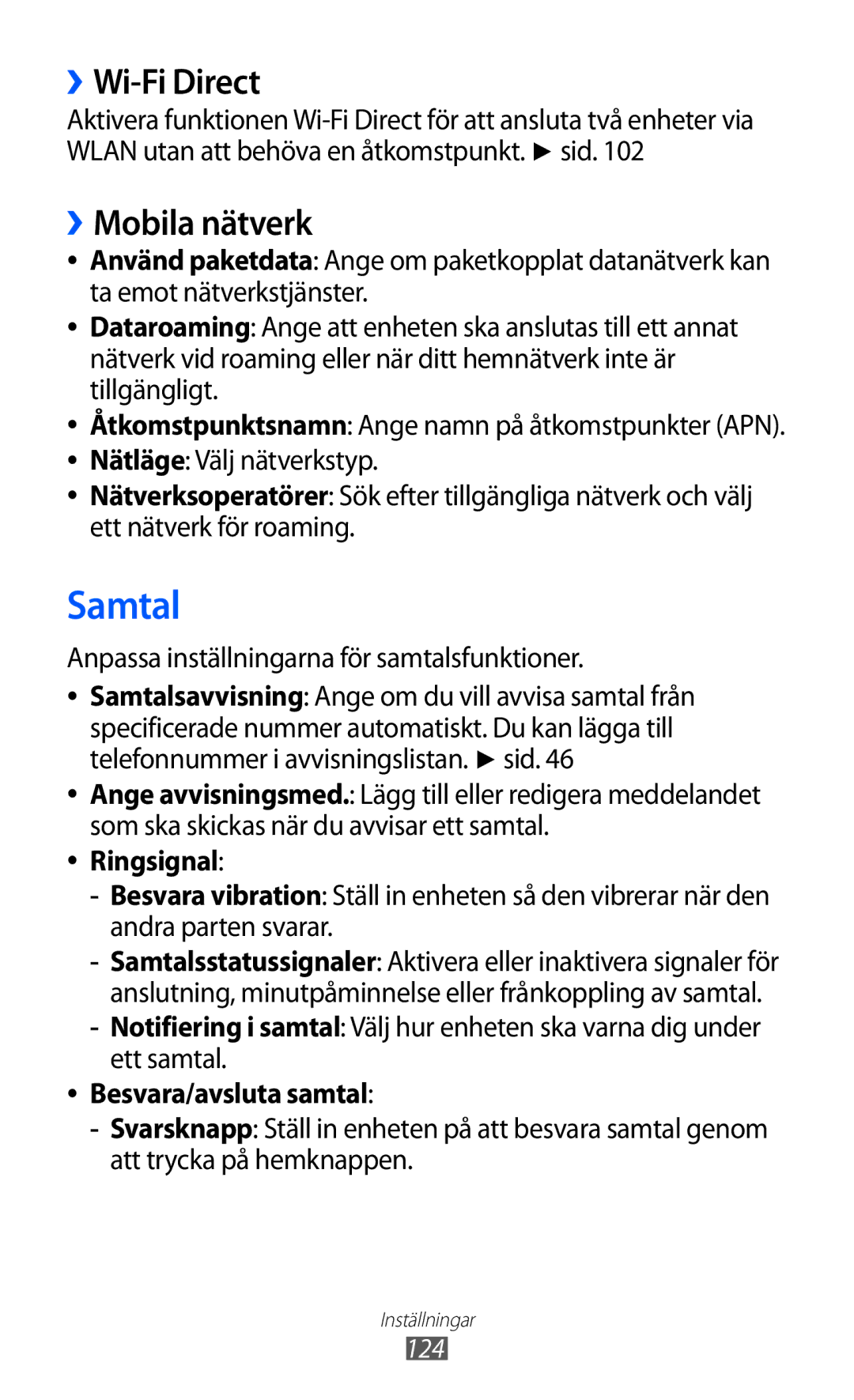 Samsung GT-I9103MAANEE manual ››Wi-Fi Direct, ››Mobila nätverk, Anpassa inställningarna för samtalsfunktioner, Ringsignal 