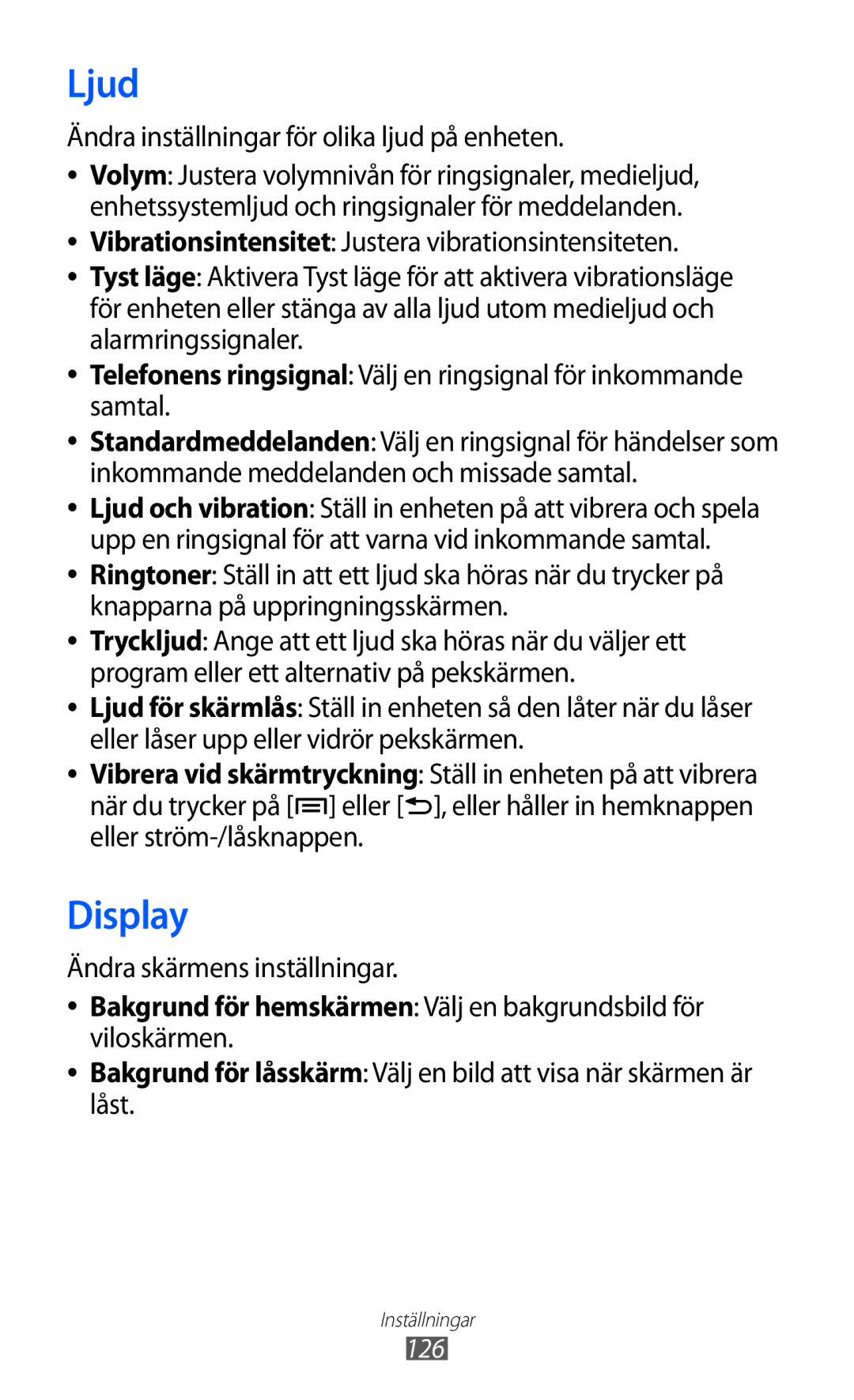 Samsung GT-I9103MAANEE manual Ljud, Display, Ändra inställningar för olika ljud på enheten, Ändra skärmens inställningar 