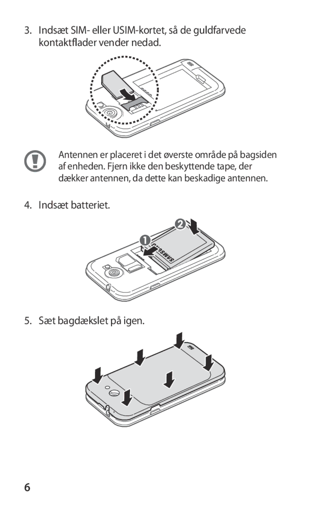 Samsung GT-I9103MAANEE manual Indsæt batteriet Sæt bagdækslet på igen 