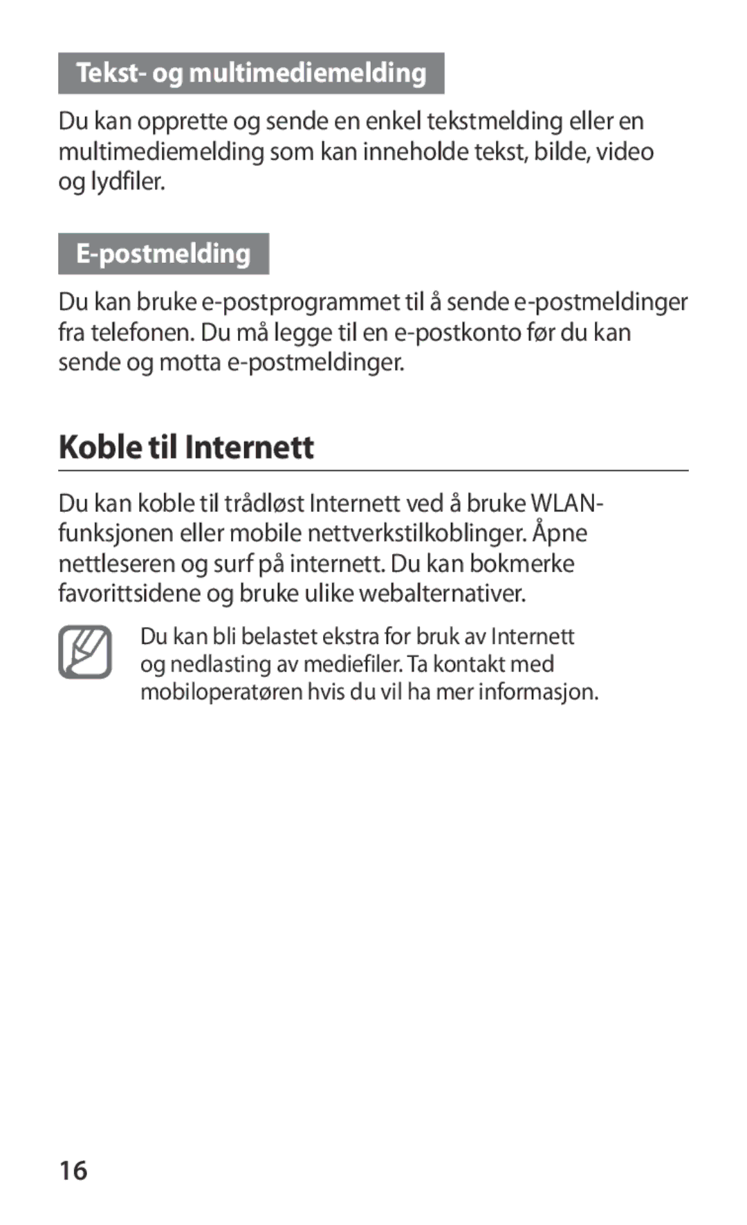 Samsung GT-I9103MAANEE manual Koble til Internett, Tekst- og multimediemelding, Postmelding 