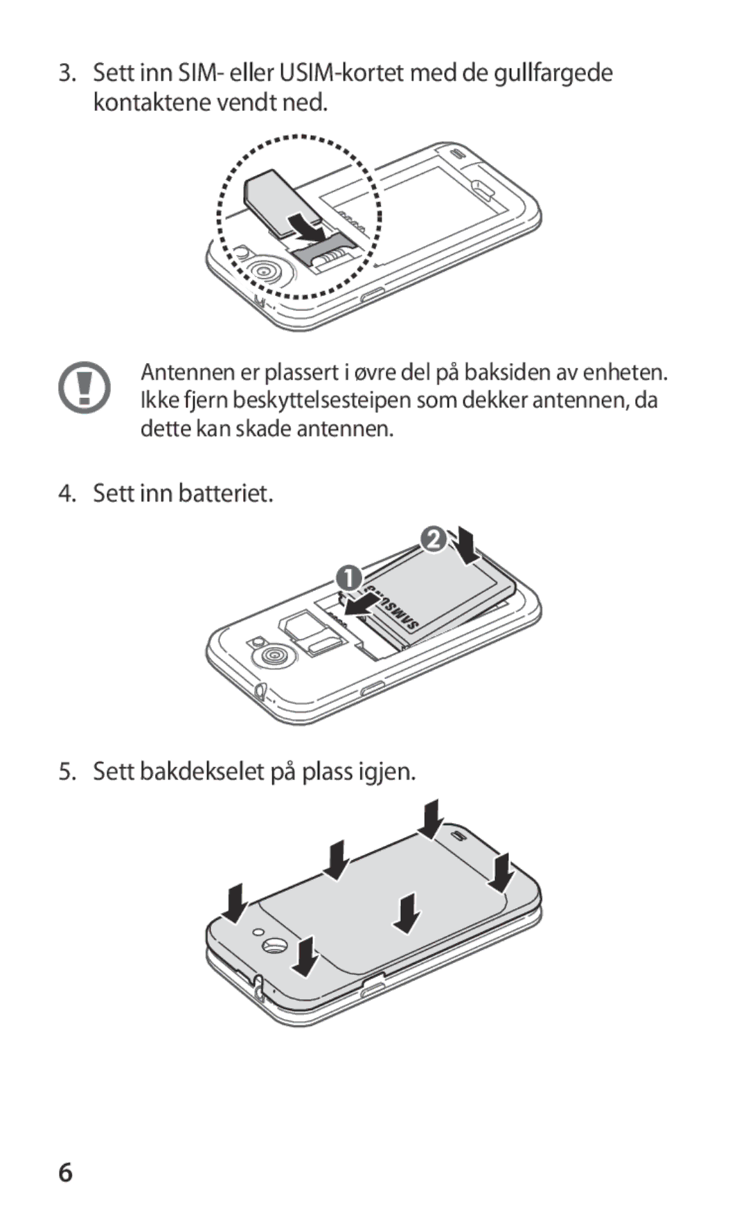 Samsung GT-I9103MAANEE manual Sett inn batteriet Sett bakdekselet på plass igjen 