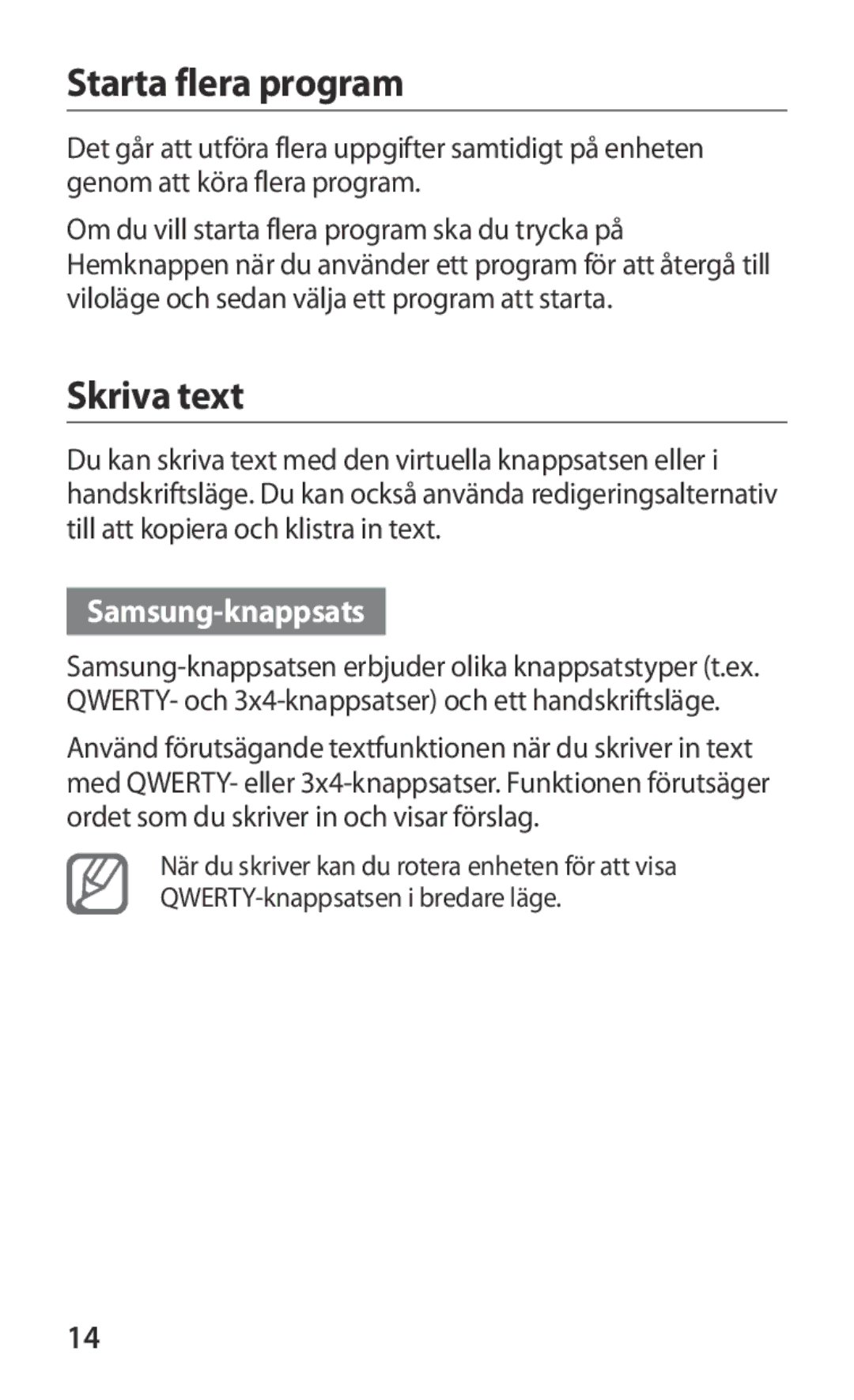 Samsung GT-I9103MAANEE manual Starta flera program, Skriva text, Samsung-knappsats 