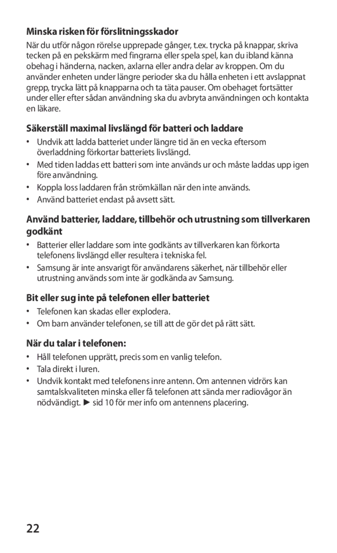 Samsung GT-I9103MAANEE manual Minska risken för förslitningsskador, Säkerställ maximal livslängd för batteri och laddare 