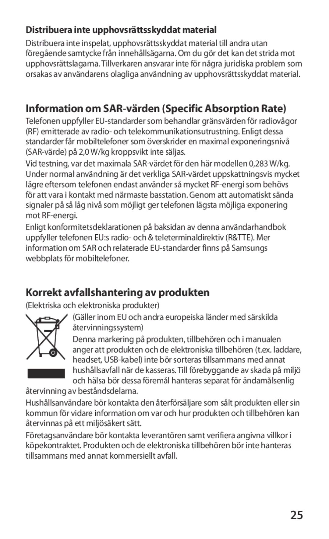 Samsung GT-I9103MAANEE manual Information om SAR-värden Specific Absorption Rate, Korrekt avfallshantering av produkten 