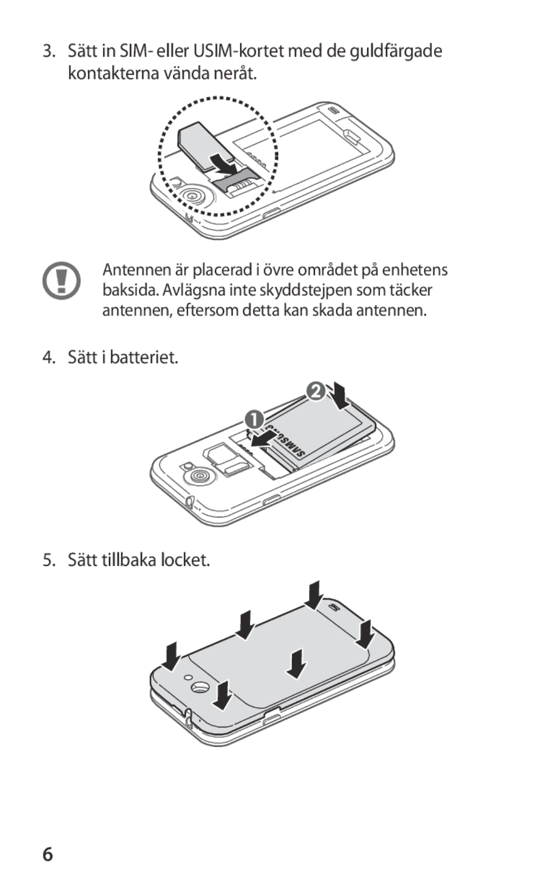 Samsung GT-I9103MAANEE manual Sätt i batteriet Sätt tillbaka locket 