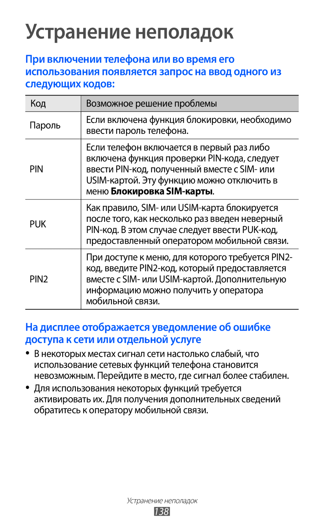 Samsung GT-I9103MAASEB, GT-I9103LKASER, GT-I9103MAASER manual Устранение неполадок, 138, Меню Блокировка SIM-карты 