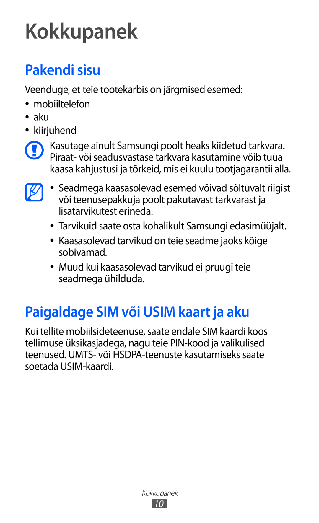 Samsung GT-I9103MAASEB manual Kokkupanek, Pakendi sisu, Paigaldage SIM või Usim kaart ja aku 