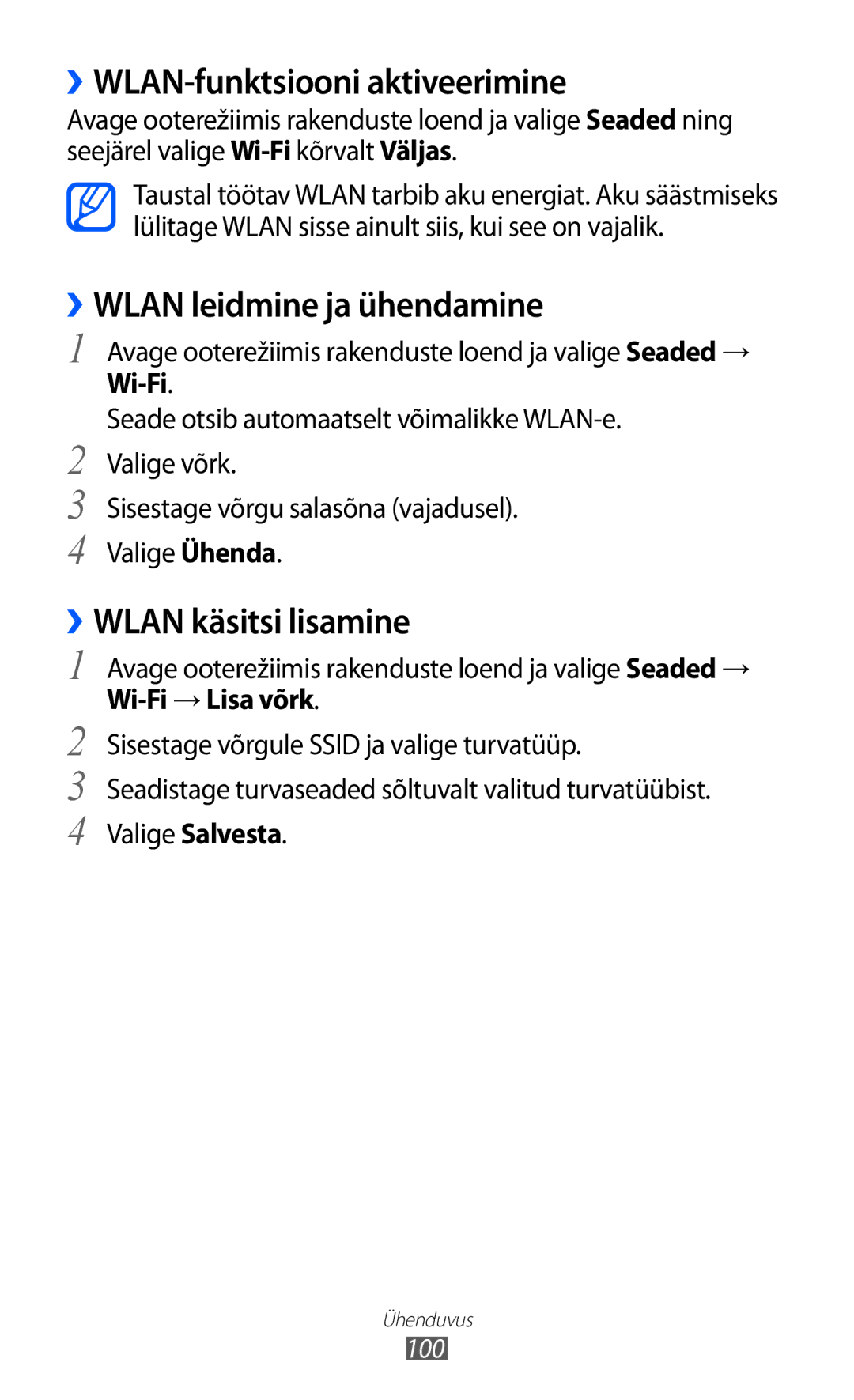 Samsung GT-I9103MAASEB ››WLAN-funktsiooni aktiveerimine, ››WLAN leidmine ja ühendamine, ››WLAN käsitsi lisamine, Wi-Fi 