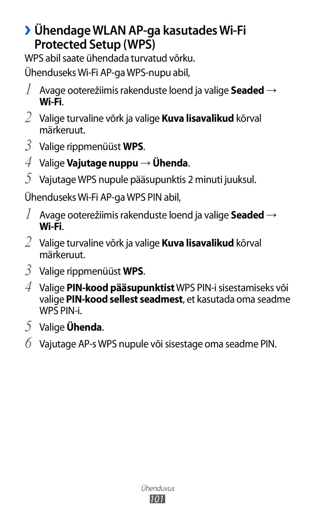 Samsung GT-I9103MAASEB manual ››Ühendage Wlan AP-ga kasutades Wi-Fi Protected Setup WPS, Valige Vajutage nuppu → Ühenda 