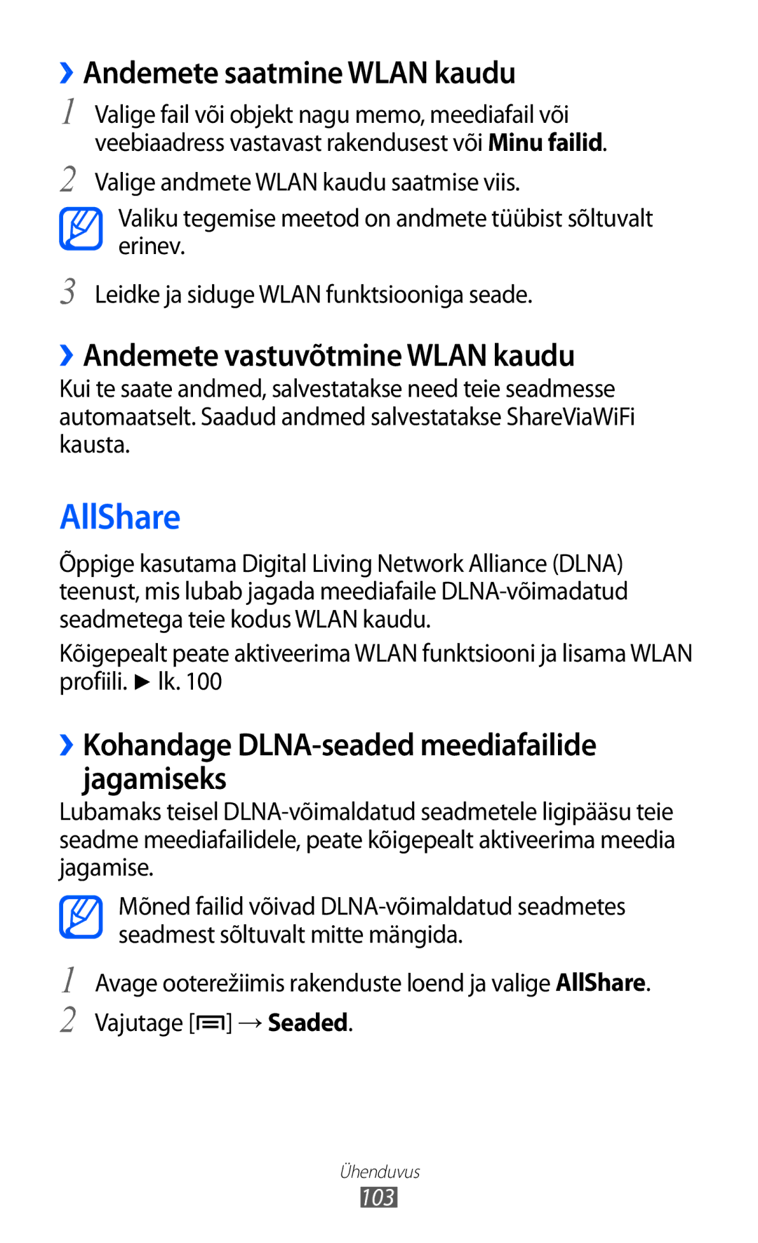 Samsung GT-I9103MAASEB manual AllShare, ››Andemete saatmine Wlan kaudu, ››Andemete vastuvõtmine Wlan kaudu 