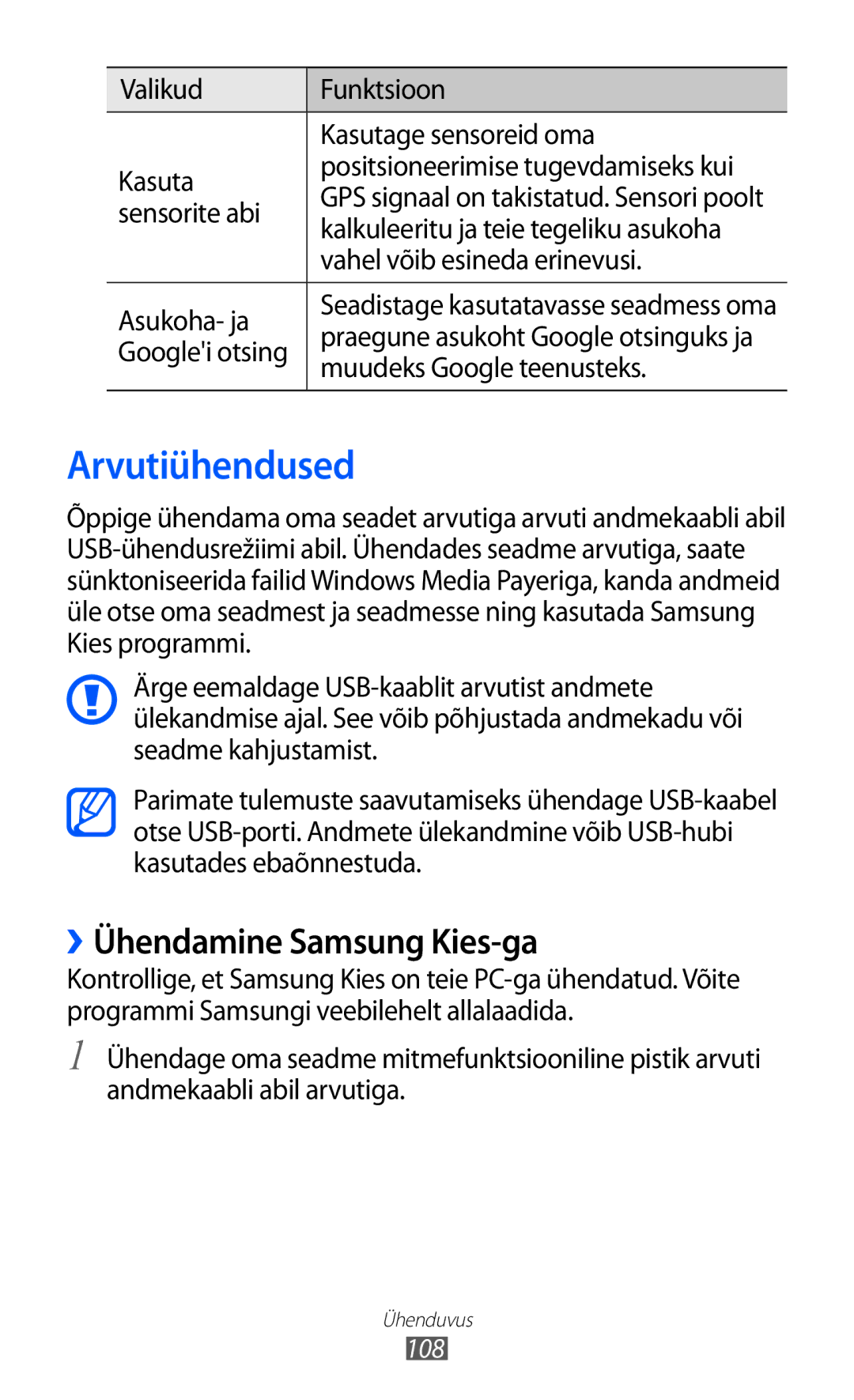 Samsung GT-I9103MAASEB manual Arvutiühendused, ››Ühendamine Samsung Kies-ga 