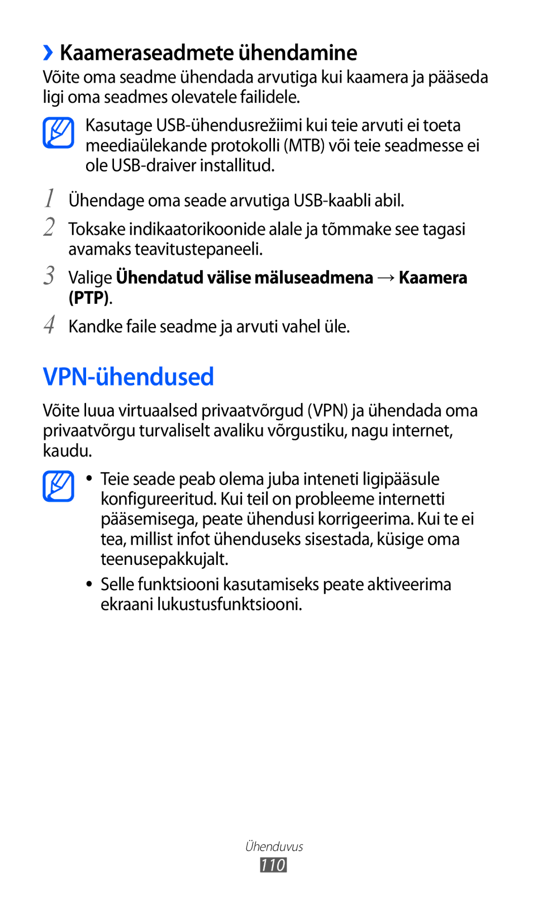 Samsung GT-I9103MAASEB VPN-ühendused, ››Kaameraseadmete ühendamine, Valige Ühendatud välise mäluseadmena → Kaamera PTP 