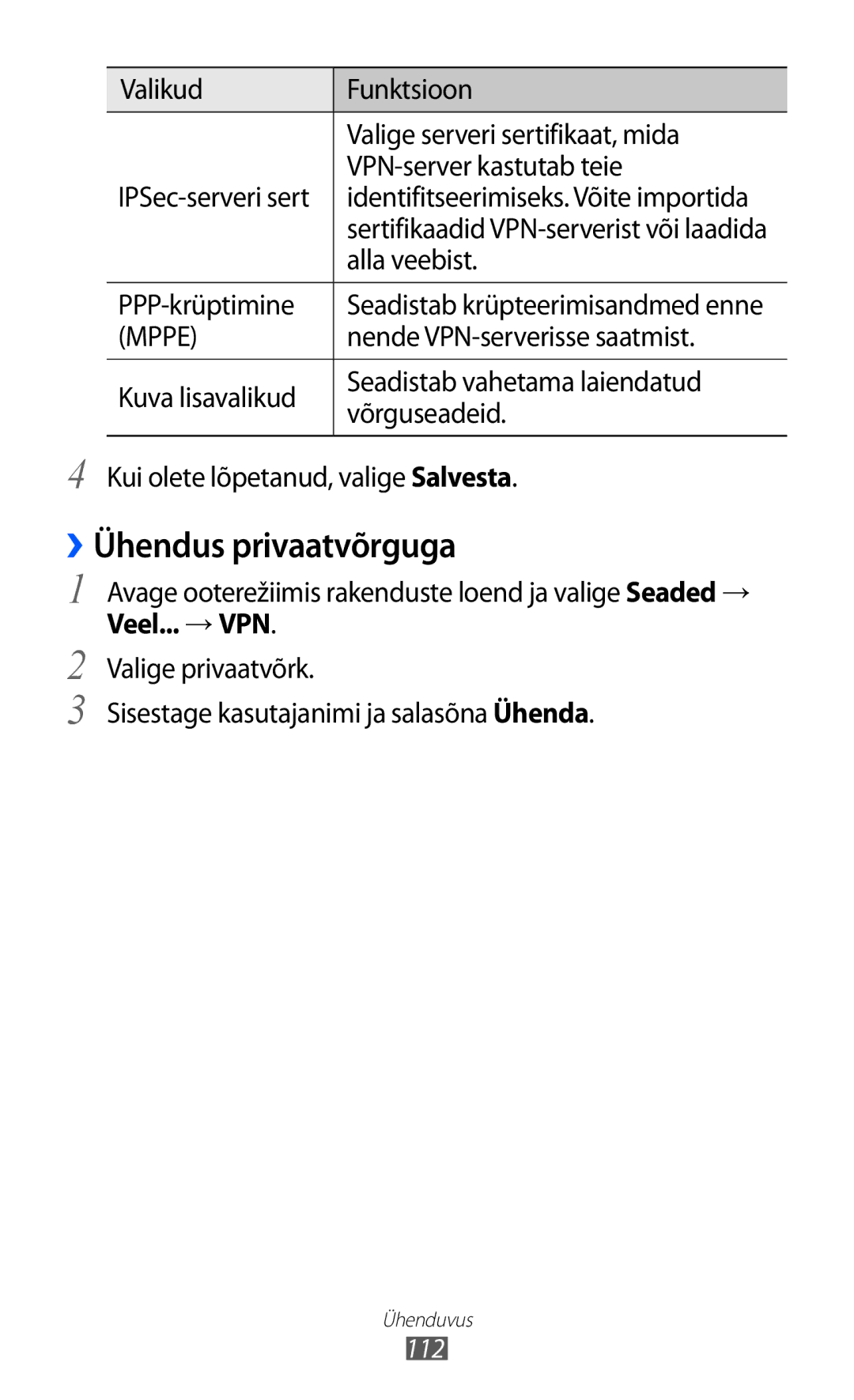 Samsung GT-I9103MAASEB manual ››Ühendus privaatvõrguga, PPP-krüptimine, Nende VPN-serverisse saatmist 