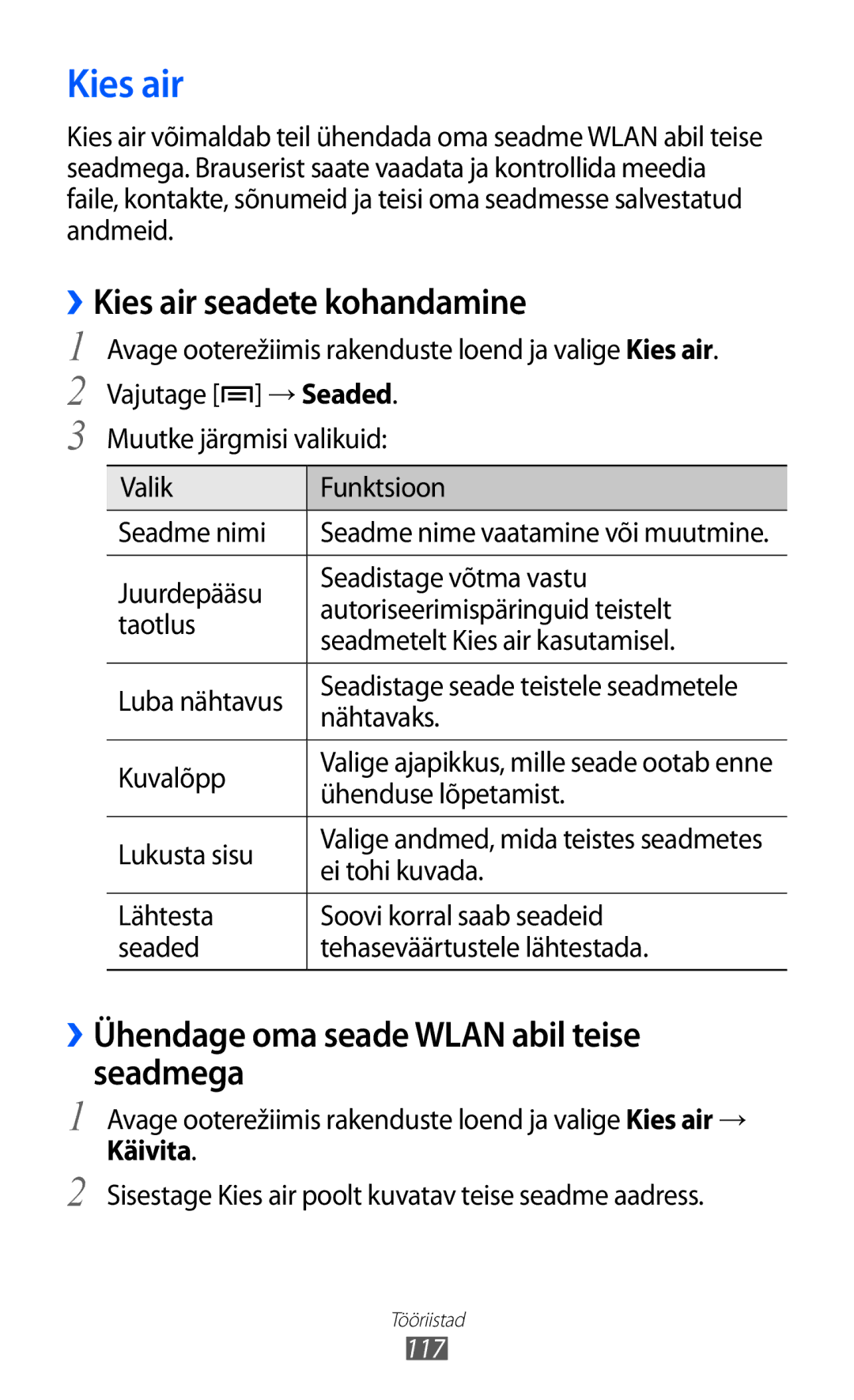 Samsung GT-I9103MAASEB manual ››Kies air seadete kohandamine, ››Ühendage oma seade Wlan abil teise seadmega 