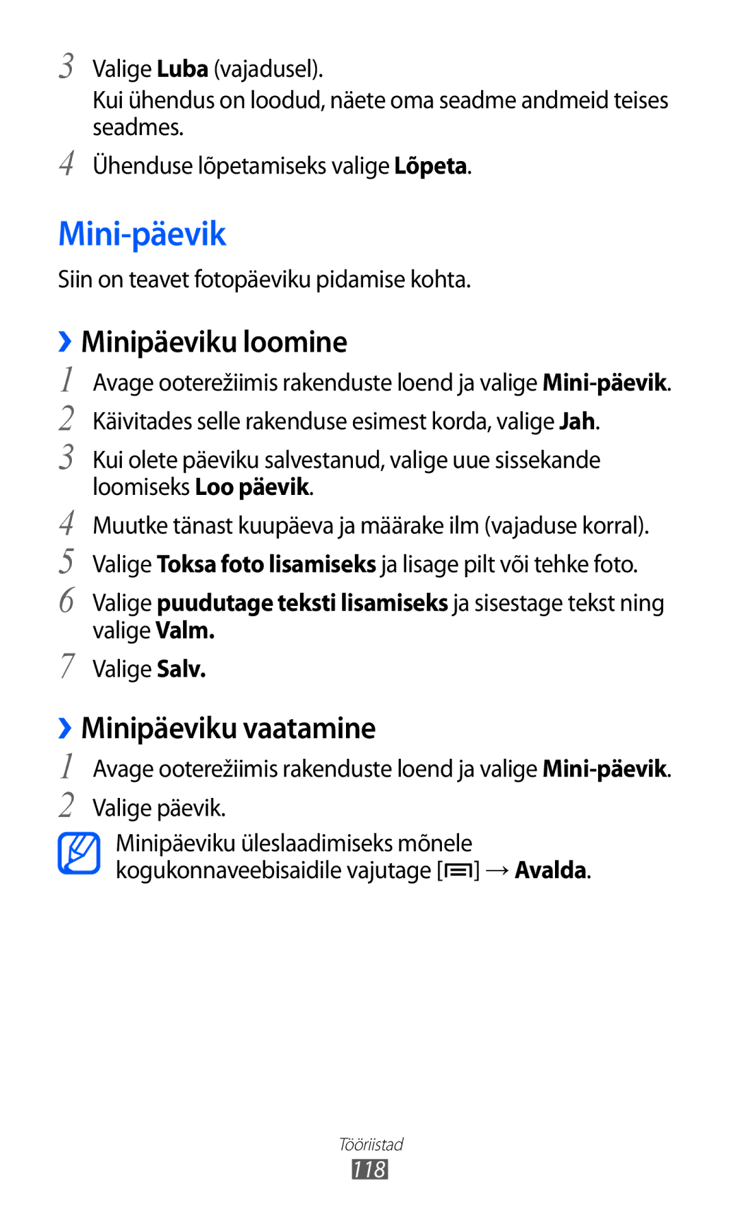 Samsung GT-I9103MAASEB manual Mini-päevik, ››Minipäeviku loomine, ››Minipäeviku vaatamine, Valige Salv 