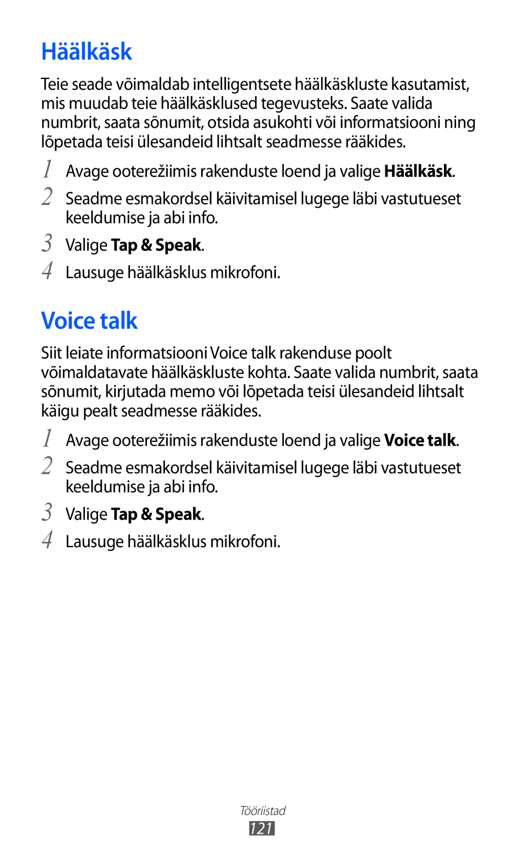 Samsung GT-I9103MAASEB manual Häälkäsk, Voice talk, Valige Tap & Speak, Lausuge häälkäsklus mikrofoni 