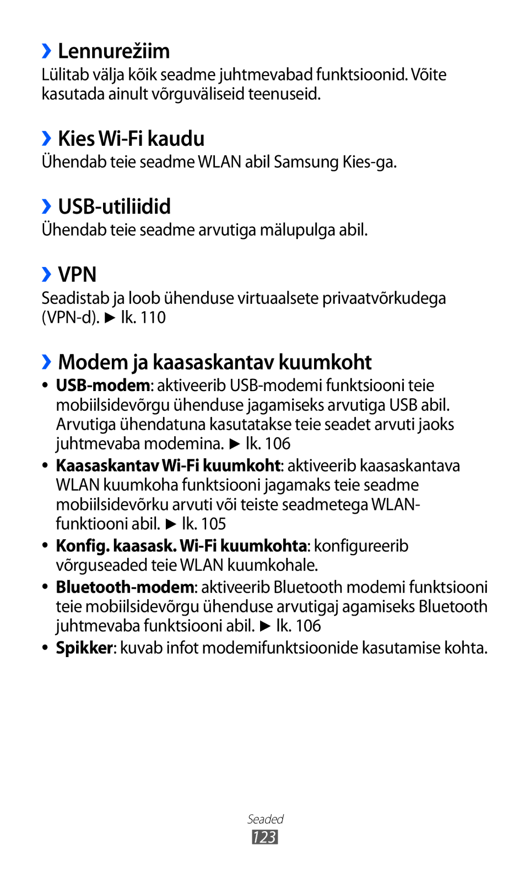 Samsung GT-I9103MAASEB manual ››Lennurežiim, ››Kies Wi-Fi kaudu, ››USB-utiliidid, ››Modem ja kaasaskantav kuumkoht 