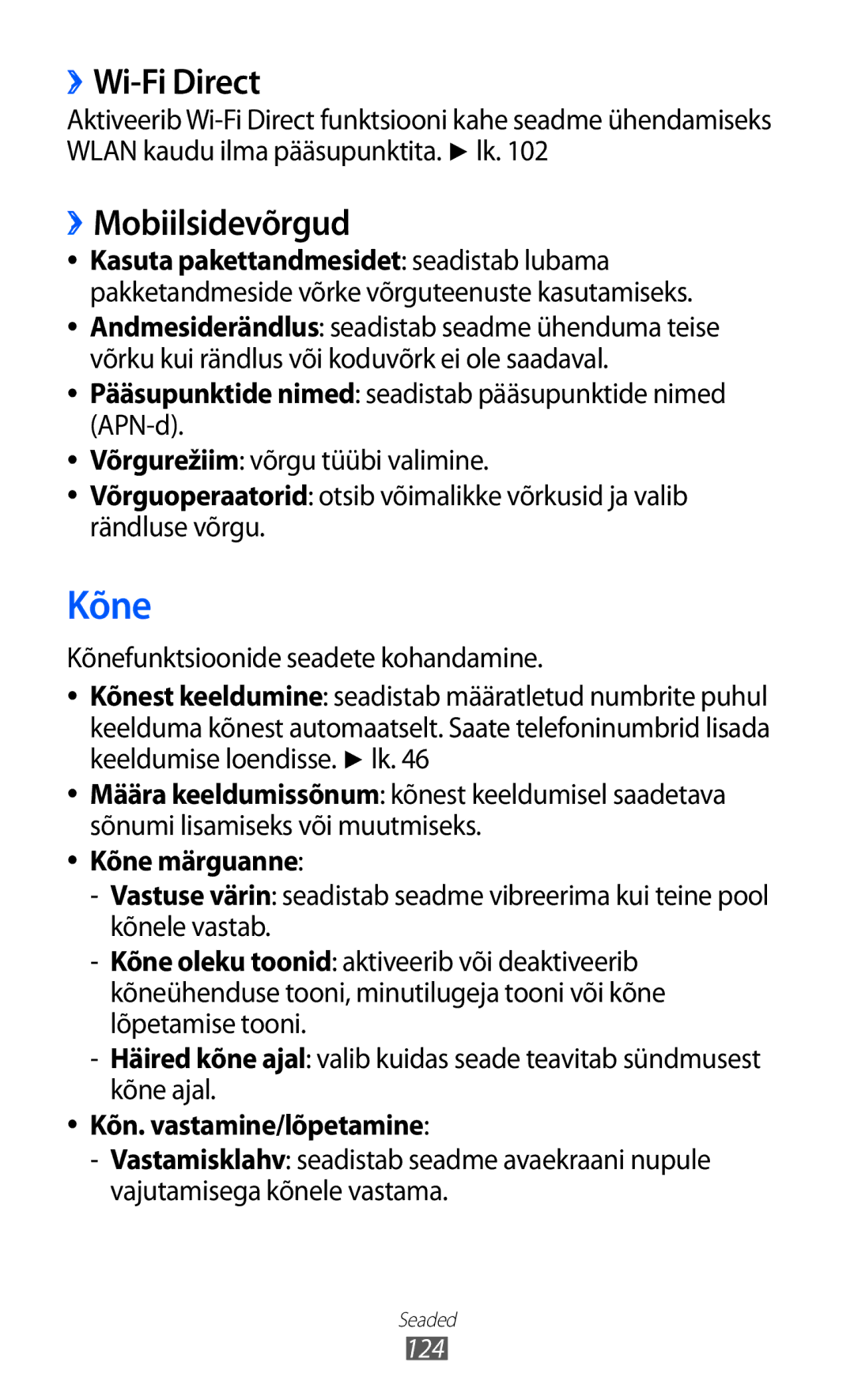 Samsung GT-I9103MAASEB manual ››Wi-Fi Direct, ››Mobiilsidevõrgud, Kõne märguanne, Kõn. vastamine/lõpetamine 