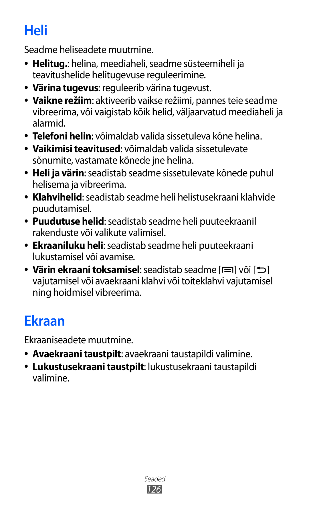 Samsung GT-I9103MAASEB manual Heli, Ekraan, Seadme heliseadete muutmine 