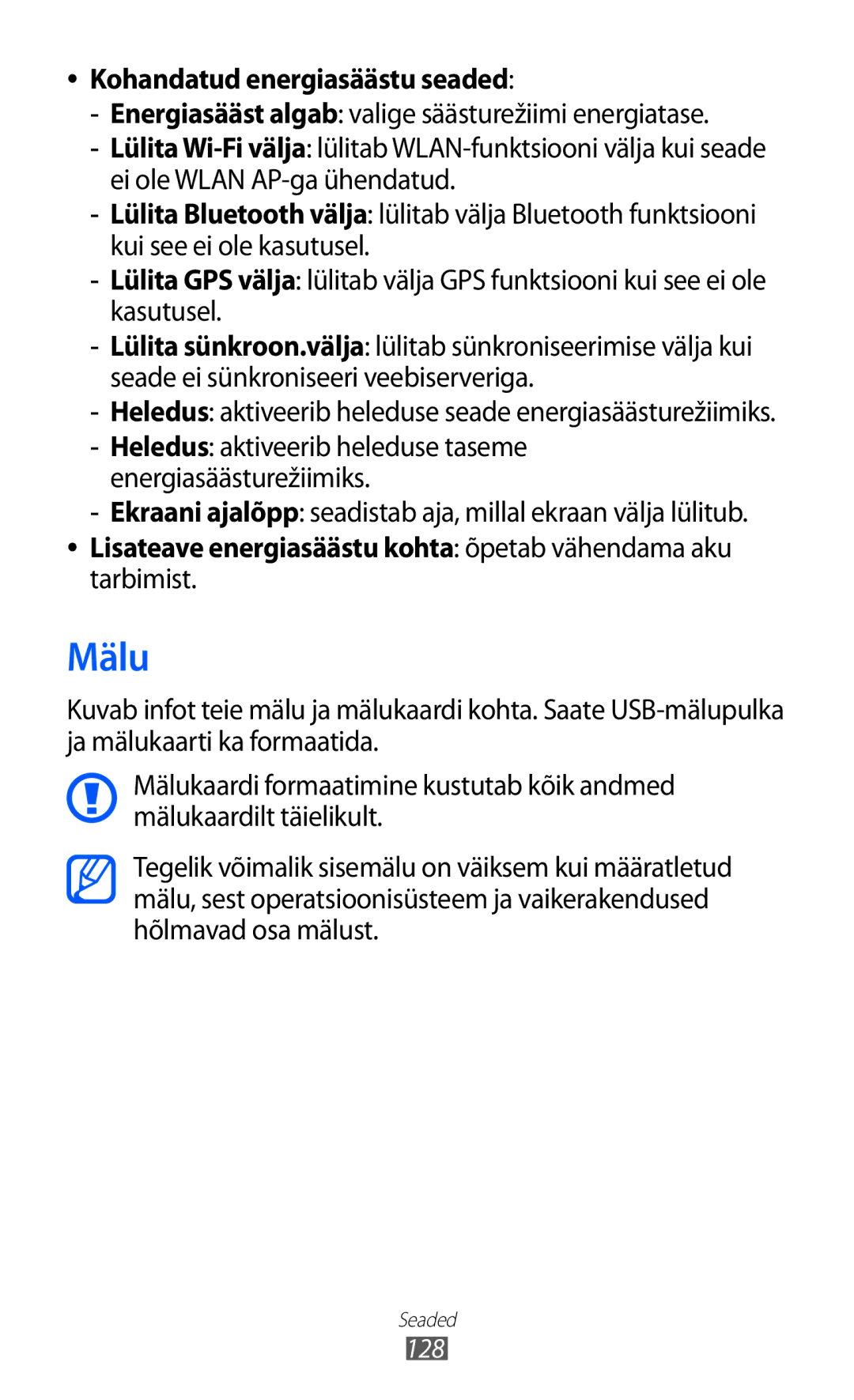 Samsung GT-I9103MAASEB manual Mälu, Kohandatud energiasäästu seaded 