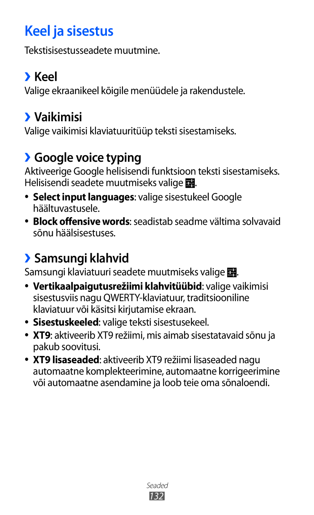 Samsung GT-I9103MAASEB manual Keel ja sisestus, ››Keel, ››Vaikimisi, ››Google voice typing, ››Samsungi klahvid 