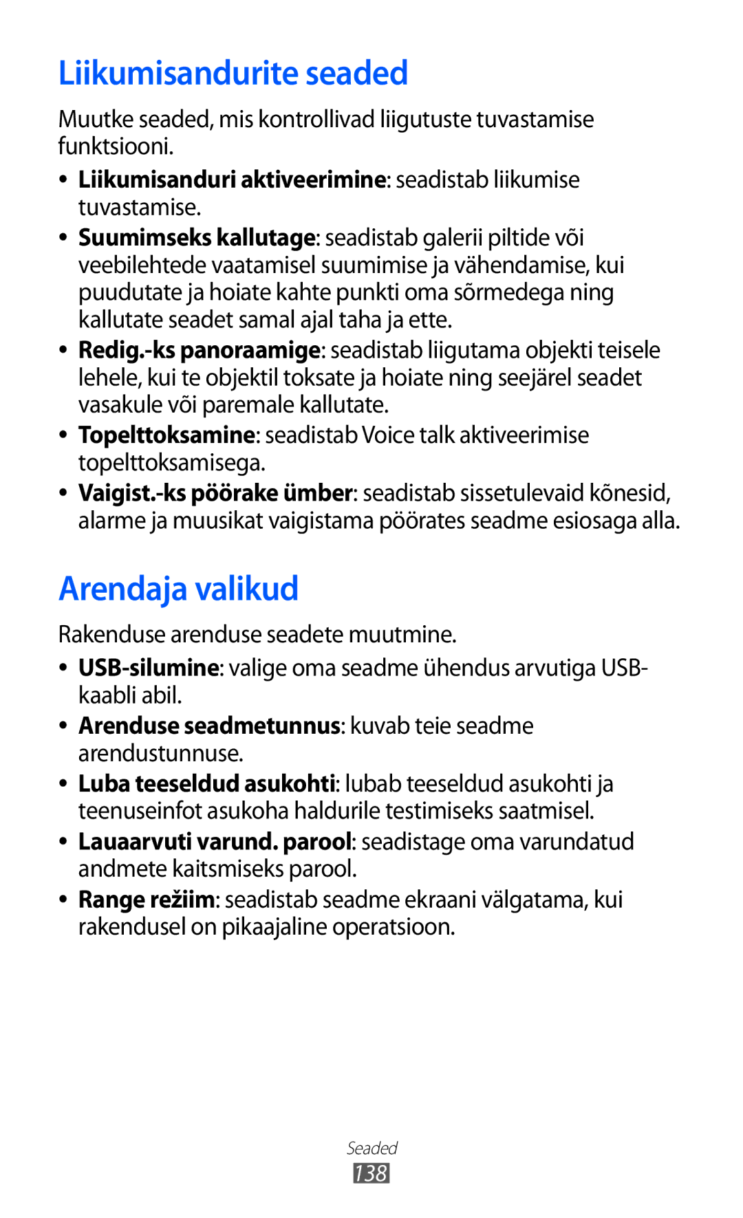 Samsung GT-I9103MAASEB manual Liikumisandurite seaded, Arendaja valikud, Liikumisanduri aktiveerimine seadistab liikumise 