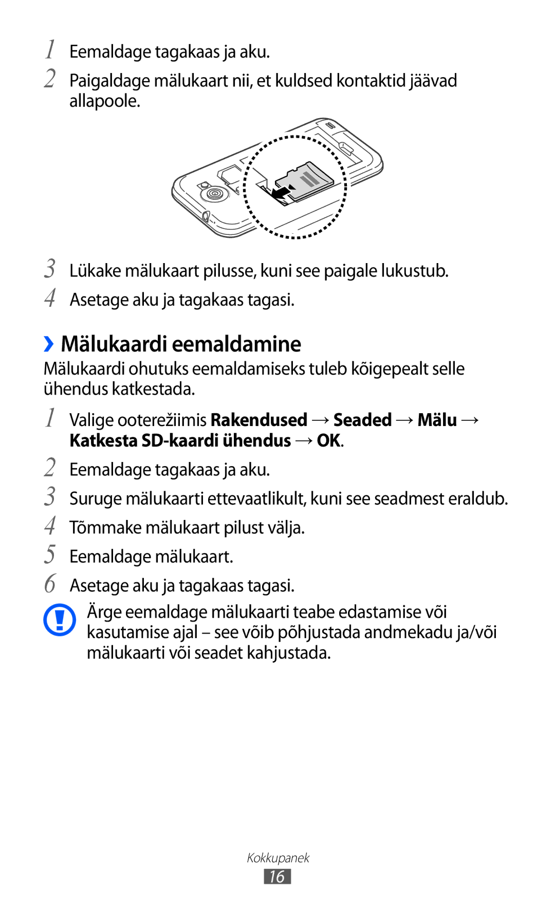 Samsung GT-I9103MAASEB manual ››Mälukaardi eemaldamine 