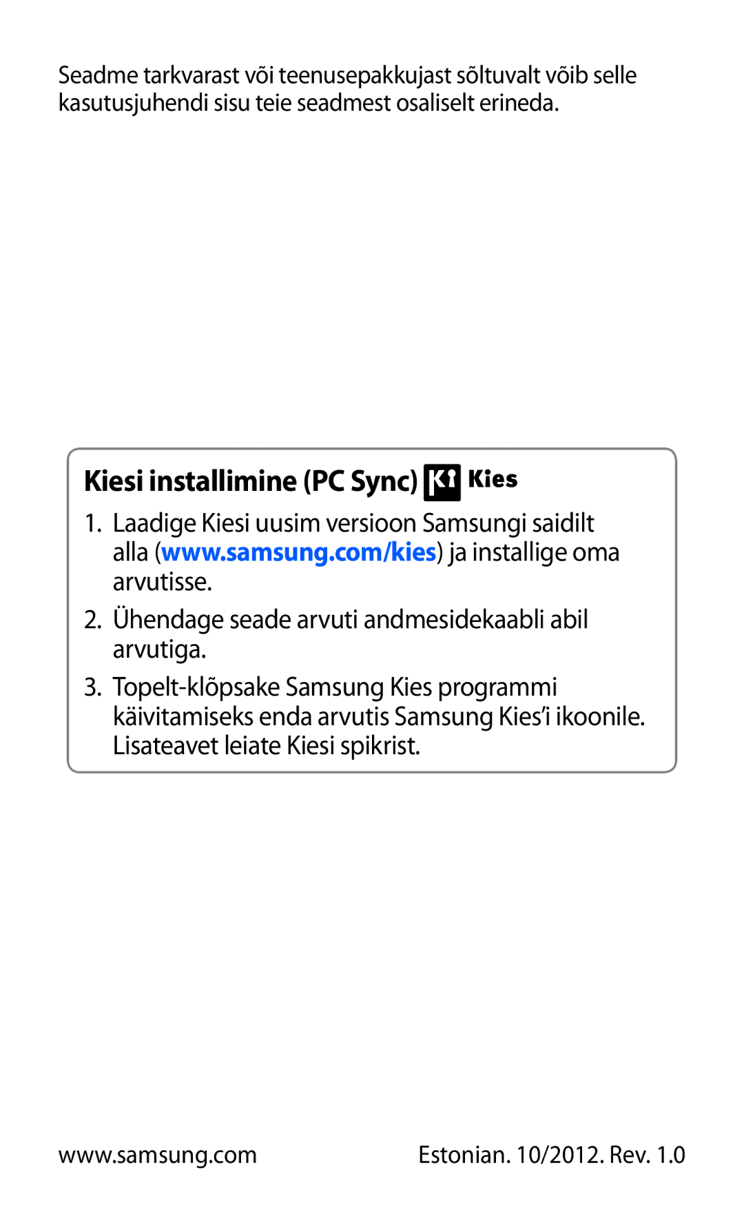 Samsung GT-I9103MAASEB manual Kiesi installimine PC Sync 