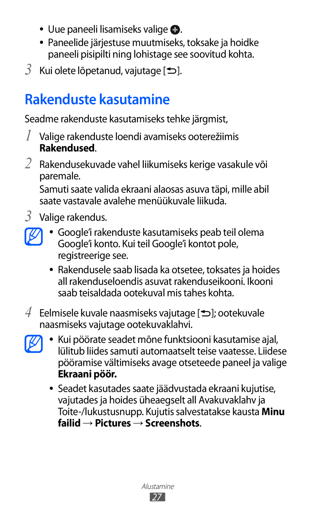 Samsung GT-I9103MAASEB manual Rakenduste kasutamine, Rakendused, Ekraani pöör, Failid → Pictures → Screenshots 