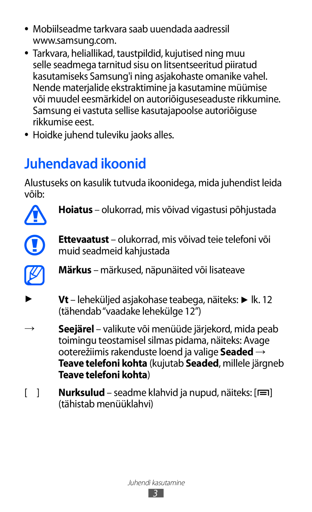 Samsung GT-I9103MAASEB manual Juhendavad ikoonid, Tähistab menüüklahvi 