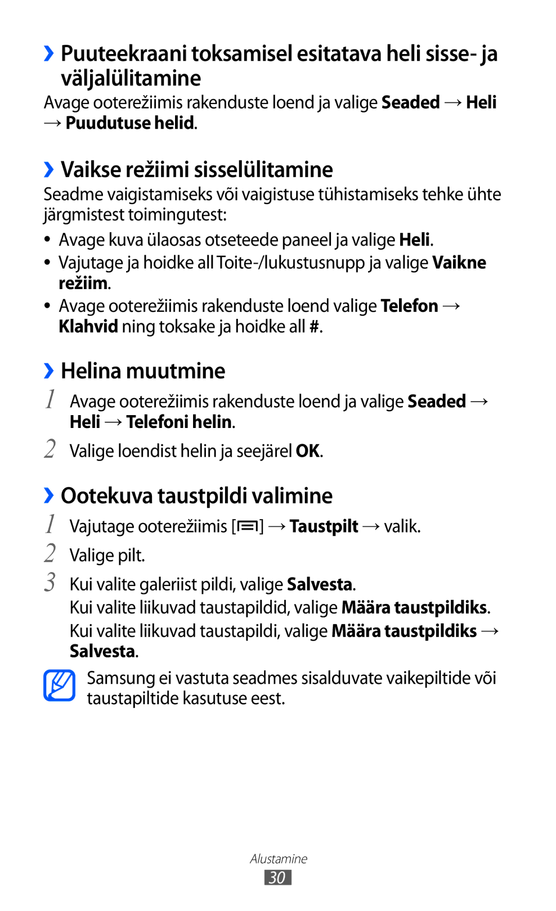 Samsung GT-I9103MAASEB manual ››Vaikse režiimi sisselülitamine, ››Helina muutmine, ››Ootekuva taustpildi valimine 