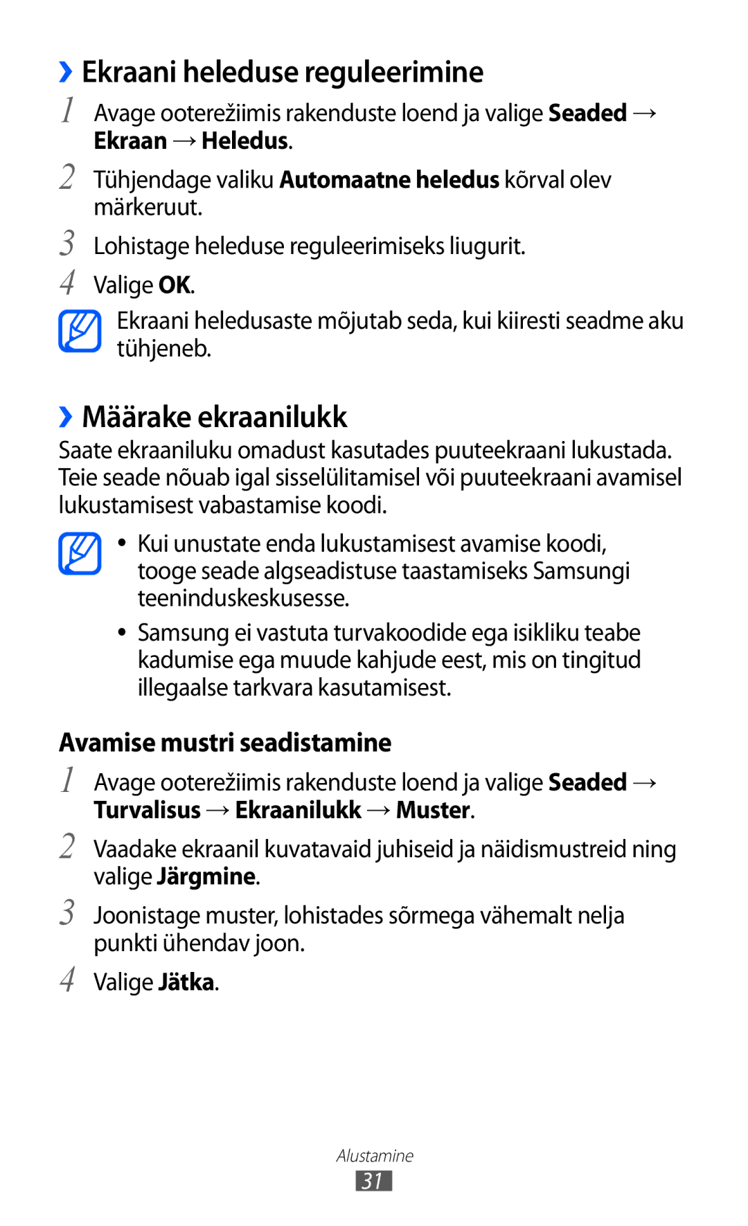 Samsung GT-I9103MAASEB manual ››Ekraani heleduse reguleerimine, ››Määrake ekraanilukk 