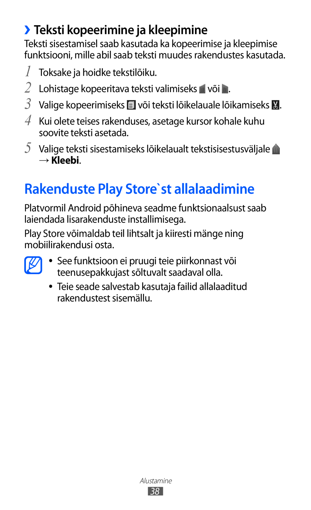 Samsung GT-I9103MAASEB manual Rakenduste Play Store`st allalaadimine, ››Teksti kopeerimine ja kleepimine, → Kleebi 