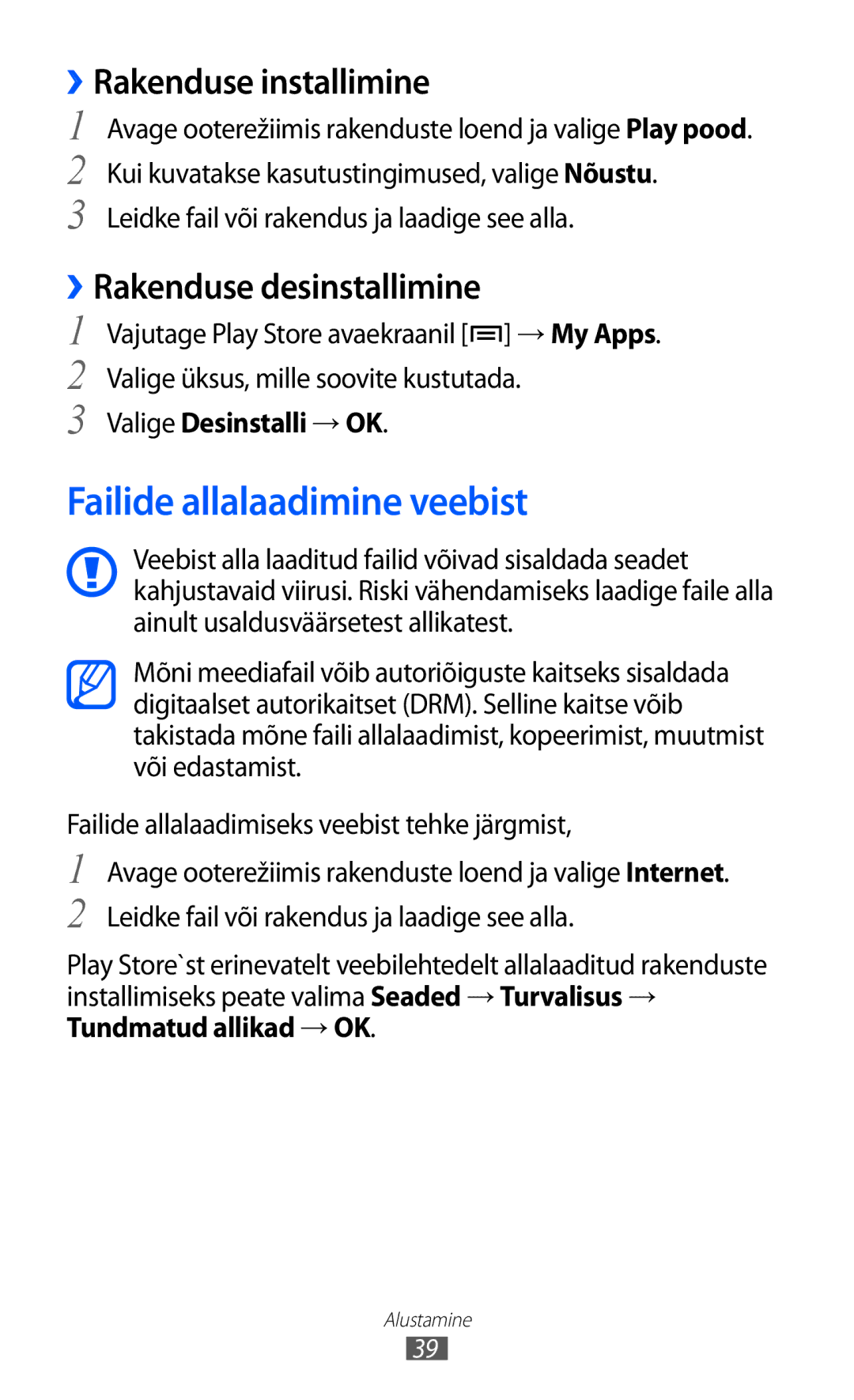 Samsung GT-I9103MAASEB manual Failide allalaadimine veebist, ››Rakenduse installimine, ››Rakenduse desinstallimine 