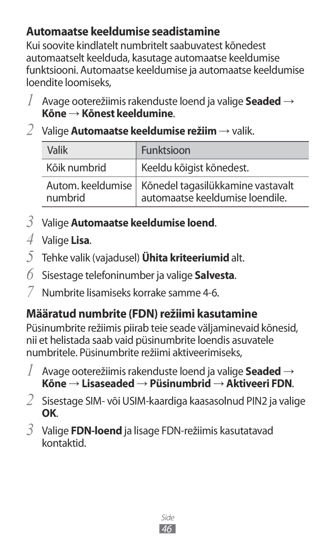 Samsung GT-I9103MAASEB manual Valik Funktsioon Kõik numbrid Keeldu kõigist kõnedest, Numbrid Automaatse keeldumise loendile 