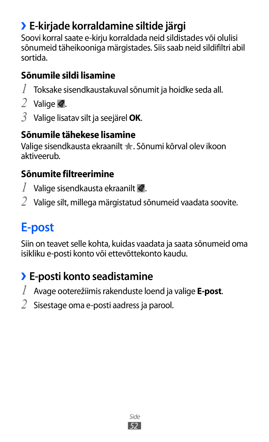 Samsung GT-I9103MAASEB manual Post, ››E-kirjade korraldamine siltide järgi, ››E-posti konto seadistamine 