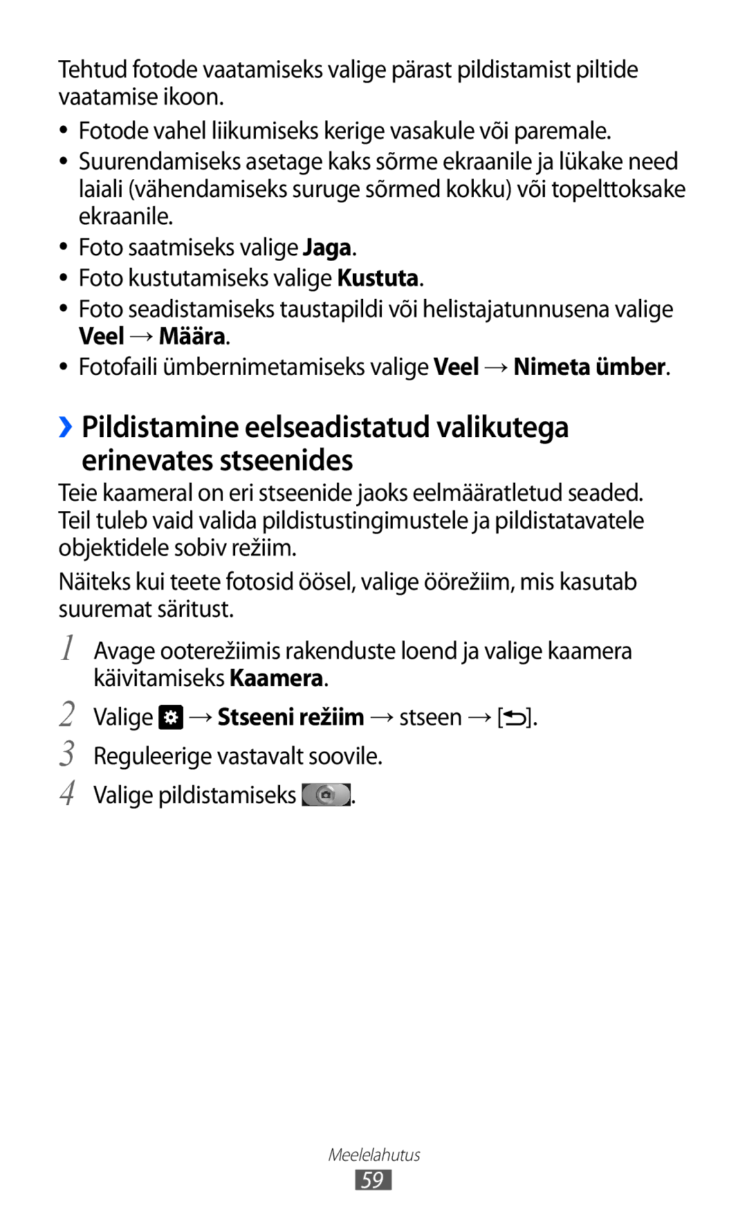 Samsung GT-I9103MAASEB manual Veel → Määra, Fotofaili ümbernimetamiseks valige Veel → Nimeta ümber, Valige pildistamiseks 