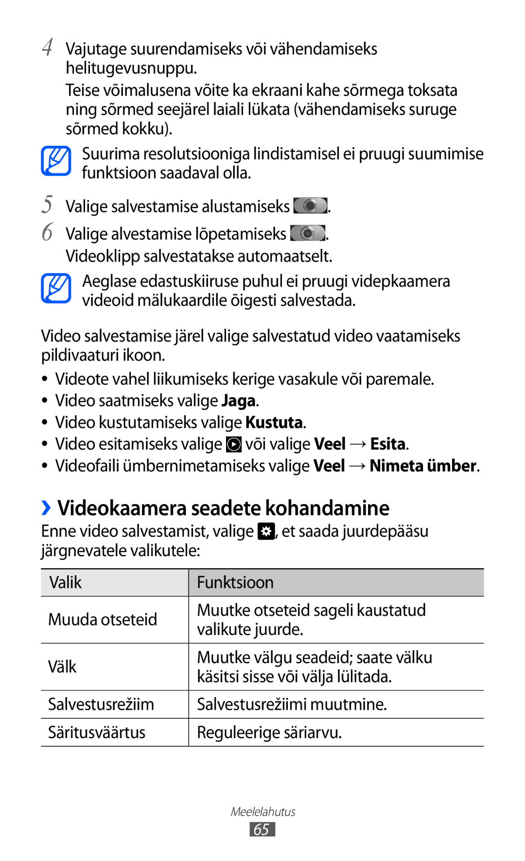 Samsung GT-I9103MAASEB manual ››Videokaamera seadete kohandamine 