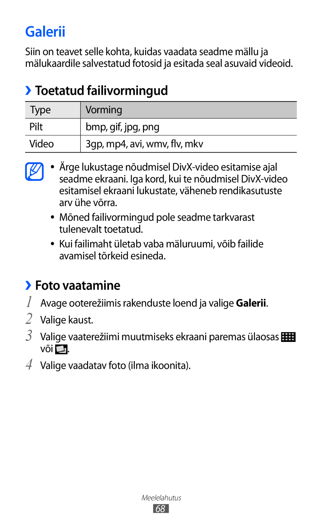 Samsung GT-I9103MAASEB manual Galerii, ››Toetatud failivormingud, ››Foto vaatamine 