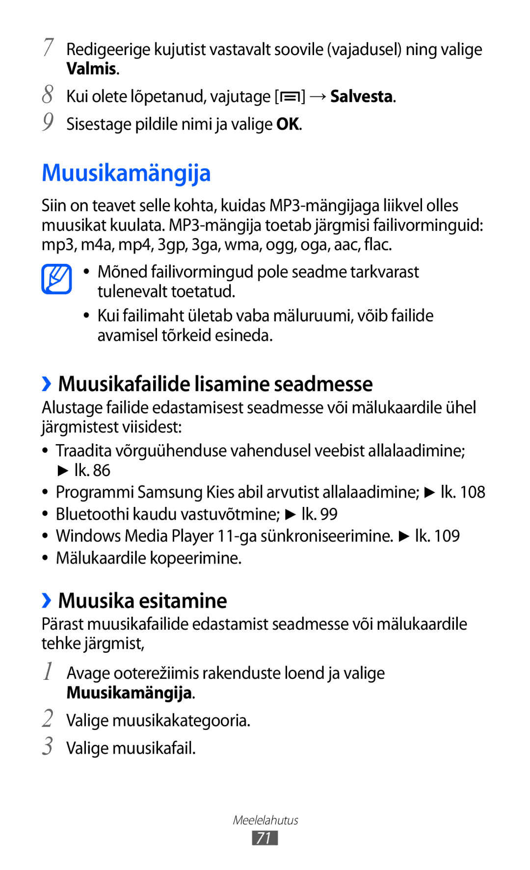 Samsung GT-I9103MAASEB manual Muusikamängija, ››Muusikafailide lisamine seadmesse, ››Muusika esitamine 