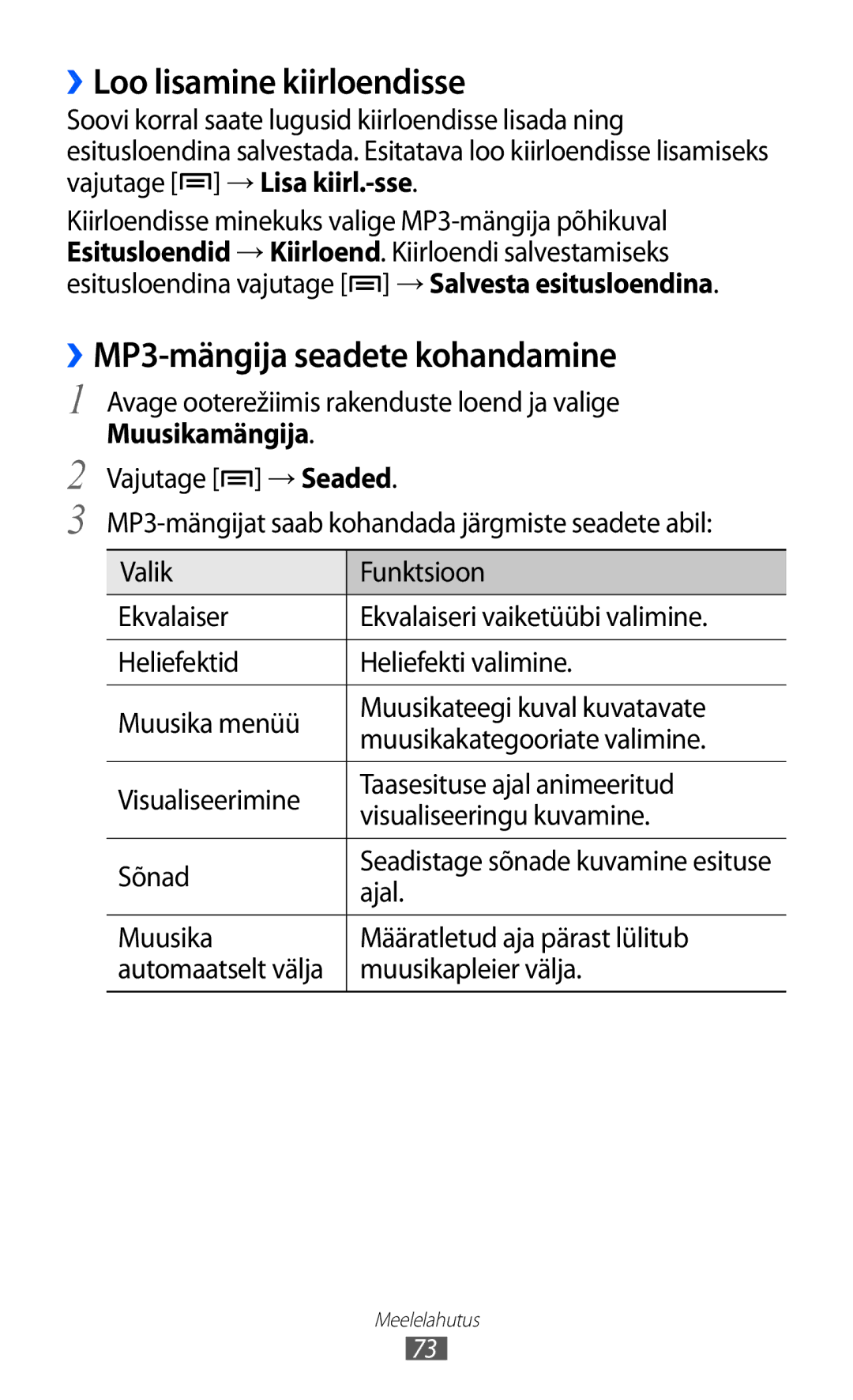 Samsung GT-I9103MAASEB manual ››Loo lisamine kiirloendisse, ››MP3-mängija seadete kohandamine, Ajal 