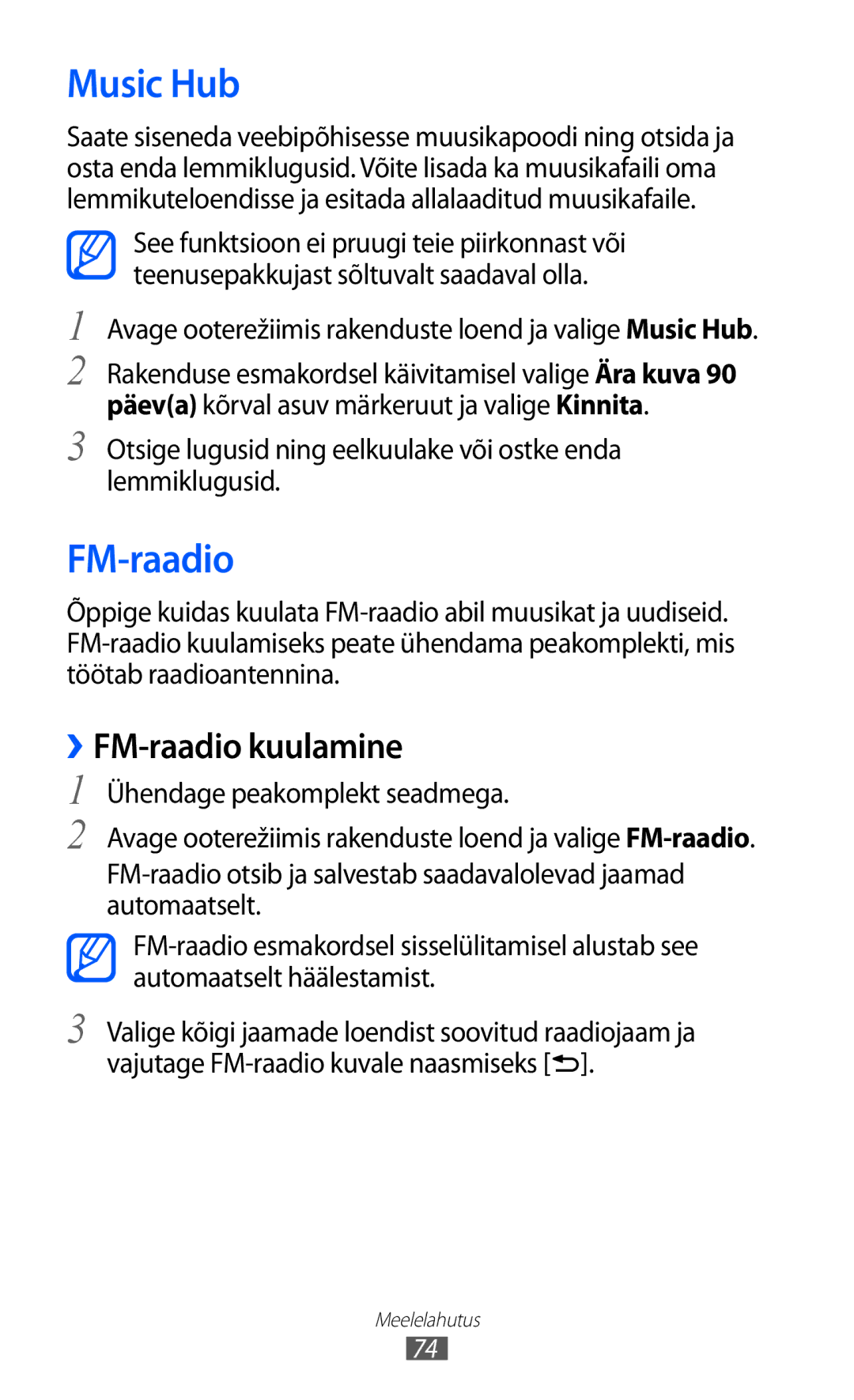 Samsung GT-I9103MAASEB manual ››FM-raadio kuulamine, Avage ooterežiimis rakenduste loend ja valige Music Hub 