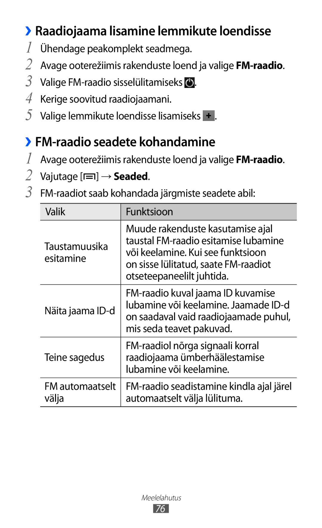 Samsung GT-I9103MAASEB manual ››FM-raadio seadete kohandamine 