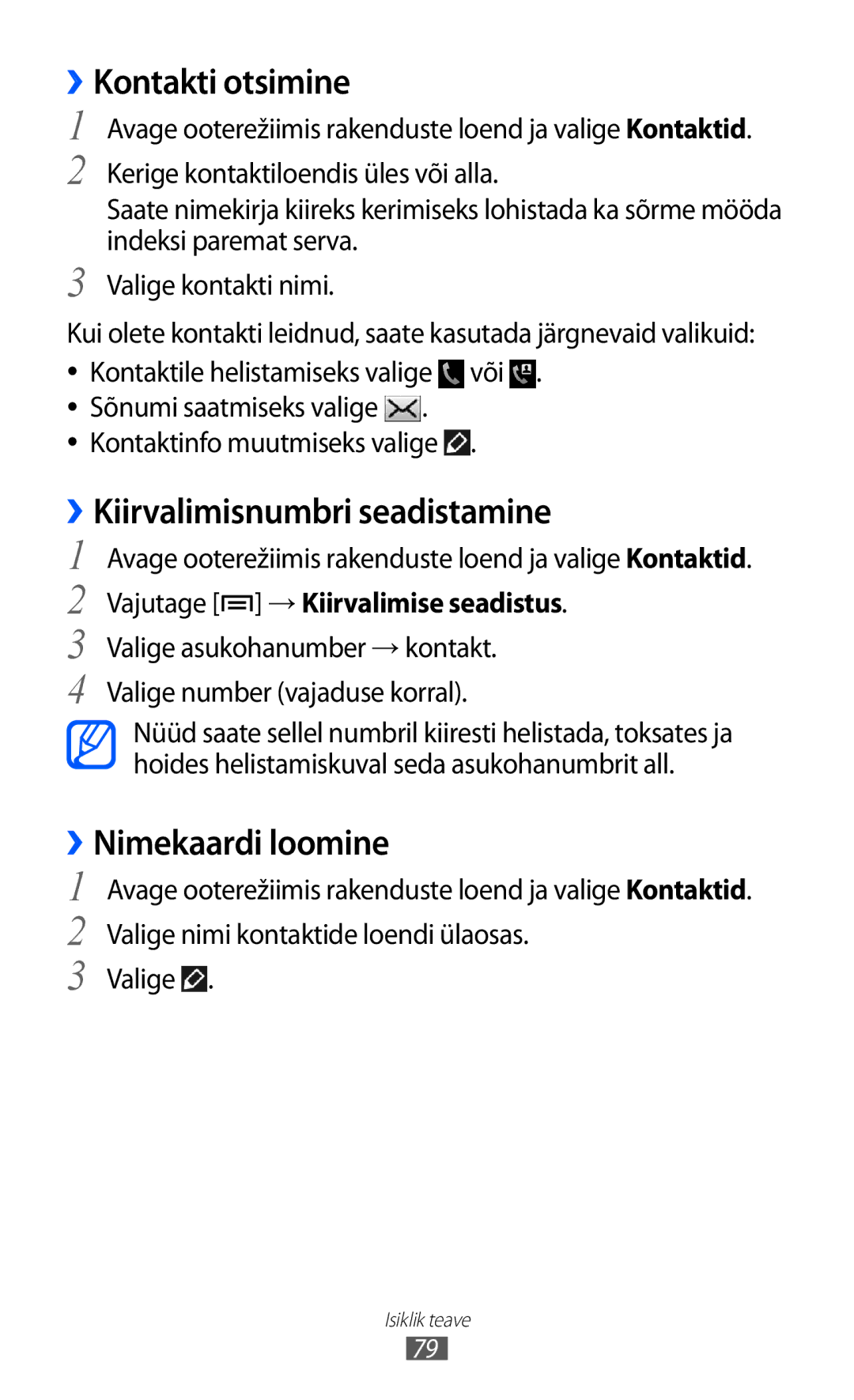 Samsung GT-I9103MAASEB manual ››Kontakti otsimine, ››Kiirvalimisnumbri seadistamine, ››Nimekaardi loomine 