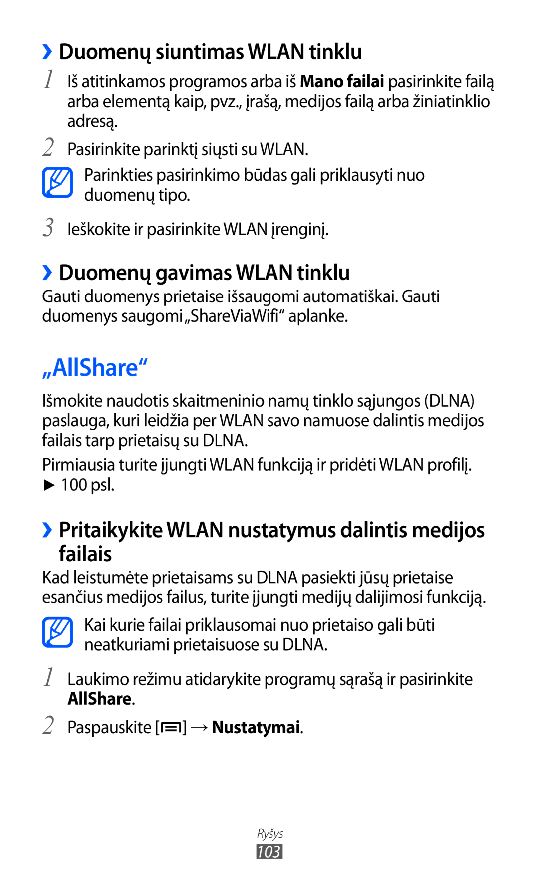 Samsung GT-I9103MAASEB manual „AllShare, ››Duomenų siuntimas Wlan tinklu, ››Duomenų gavimas Wlan tinklu 