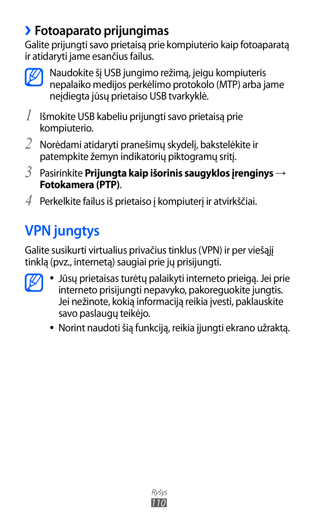 Samsung GT-I9103MAASEB manual VPN jungtys, ››Fotoaparato prijungimas 