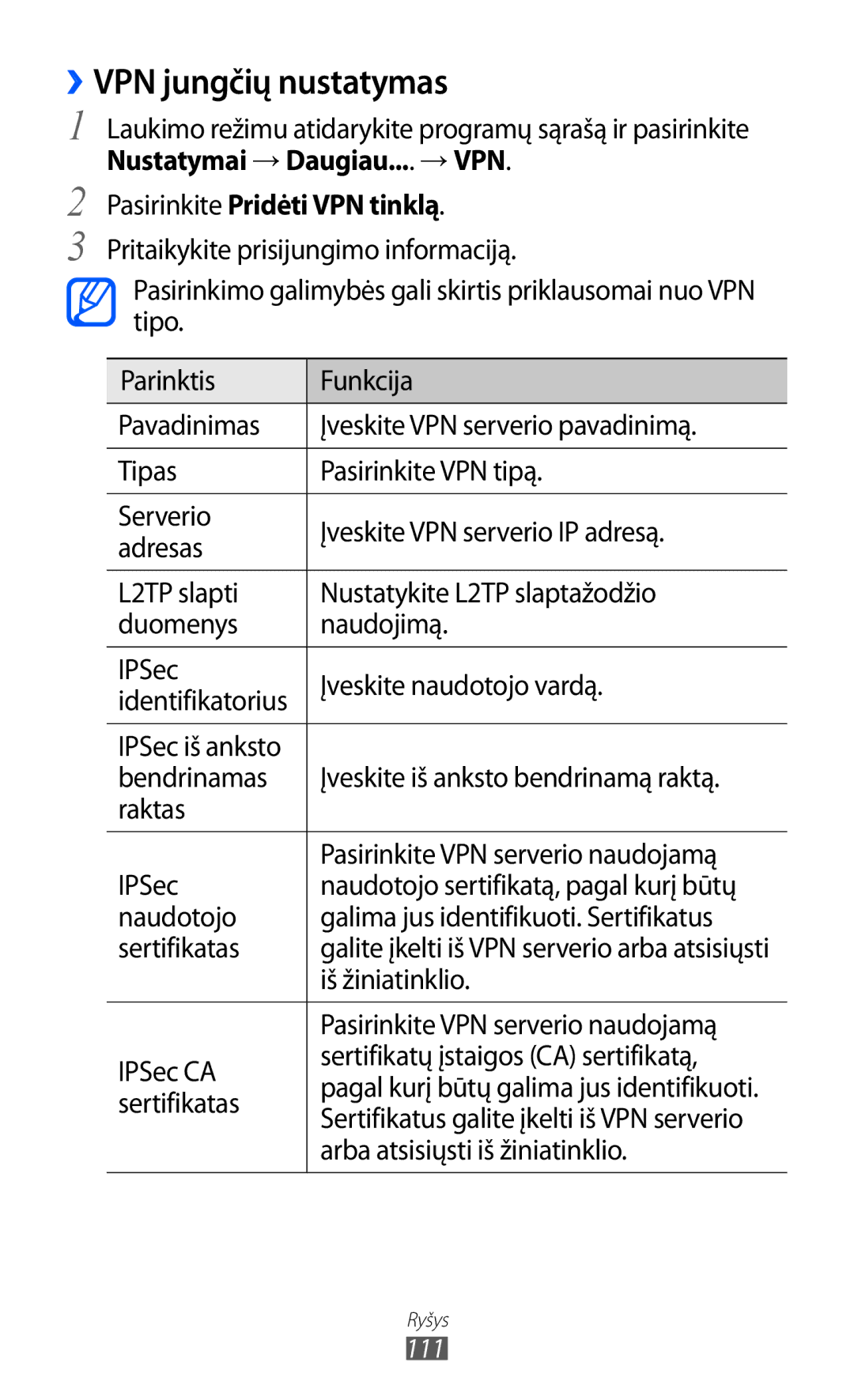 Samsung GT-I9103MAASEB manual ››VPN jungčių nustatymas, Iš žiniatinklio, IPSec CA Sertifikatų įstaigos CA sertifikatą 