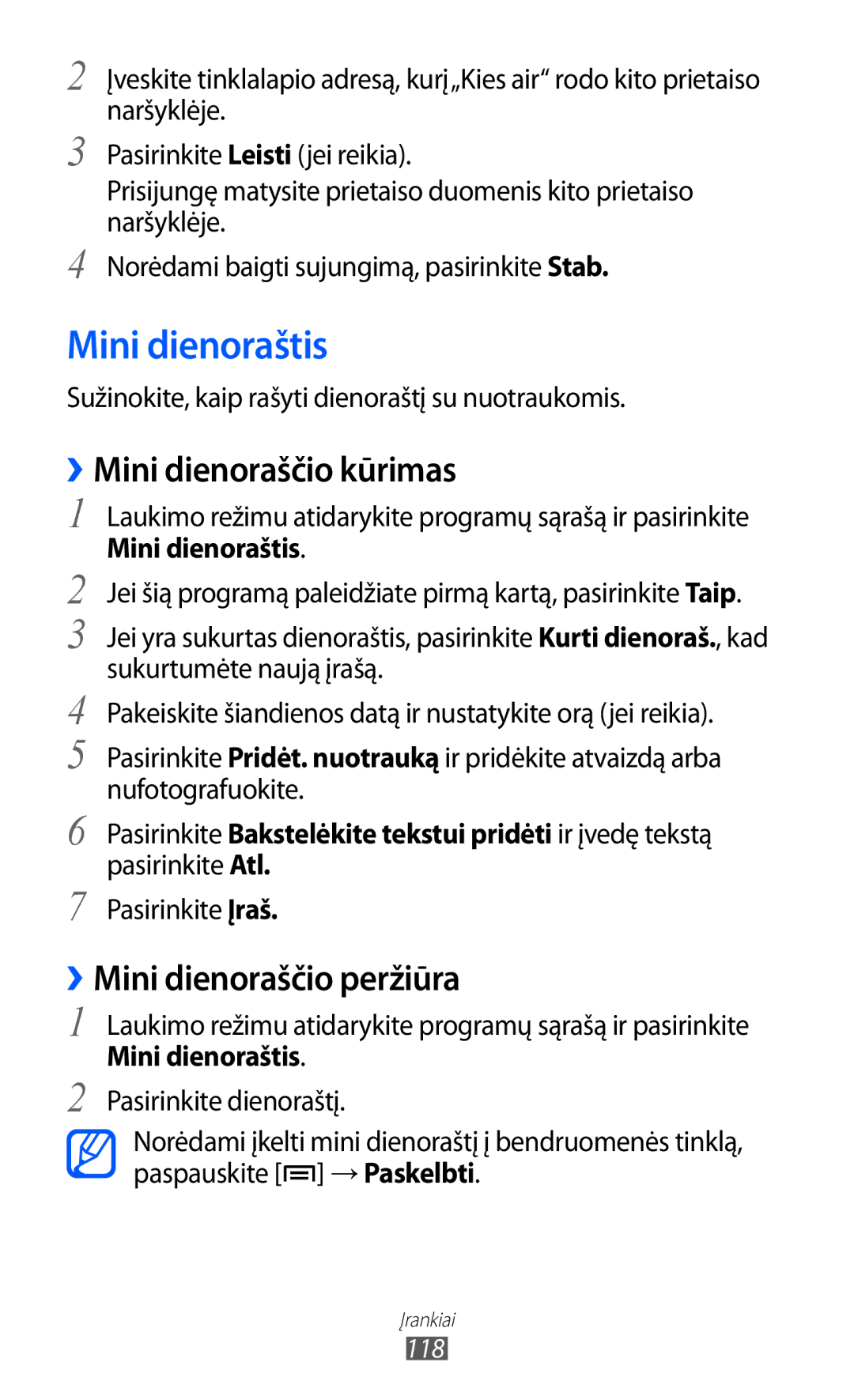 Samsung GT-I9103MAASEB manual Mini dienoraštis, ››Mini dienoraščio kūrimas, ››Mini dienoraščio peržiūra 