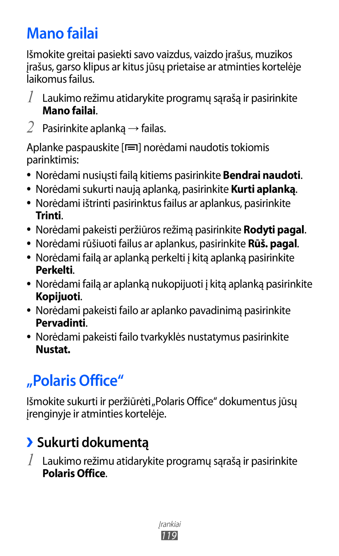 Samsung GT-I9103MAASEB manual Mano failai, „Polaris Office, ››Sukurti dokumentą 